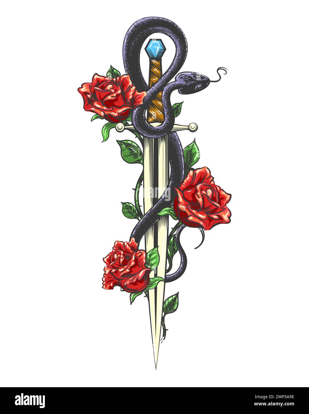 Schlange und Rosen auf einem Schwert Gravur Tattoo isoliert auf weißer Vektor-Illustration. Es wurde keine AI verwendet. Stock Vektor