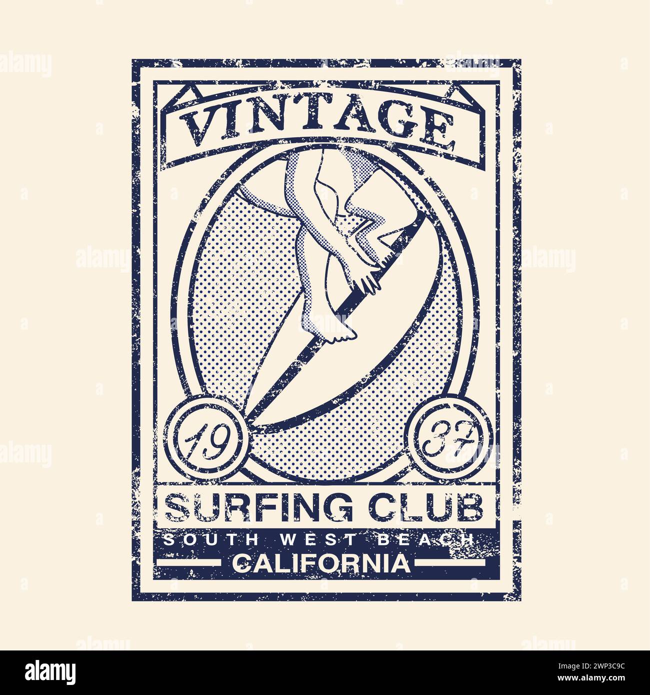 Vintage Surfing Club Kalifornien Typografie Grunge Surf Board Vintage Borte für T-Shirt Druck Grafik Design Vektor Illustration Stock Vektor