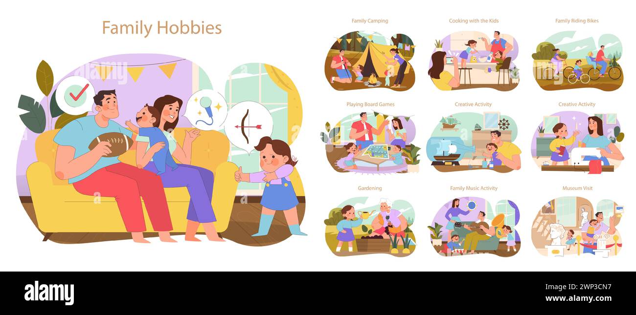 Hobbys für die ganze Familie. Fröhliche Momente entfalten sich, wenn die Familie Camping, Brettspiele, kreatives Kunsthandwerk, Musik und Museumsbesuche betreibt. Stock Vektor