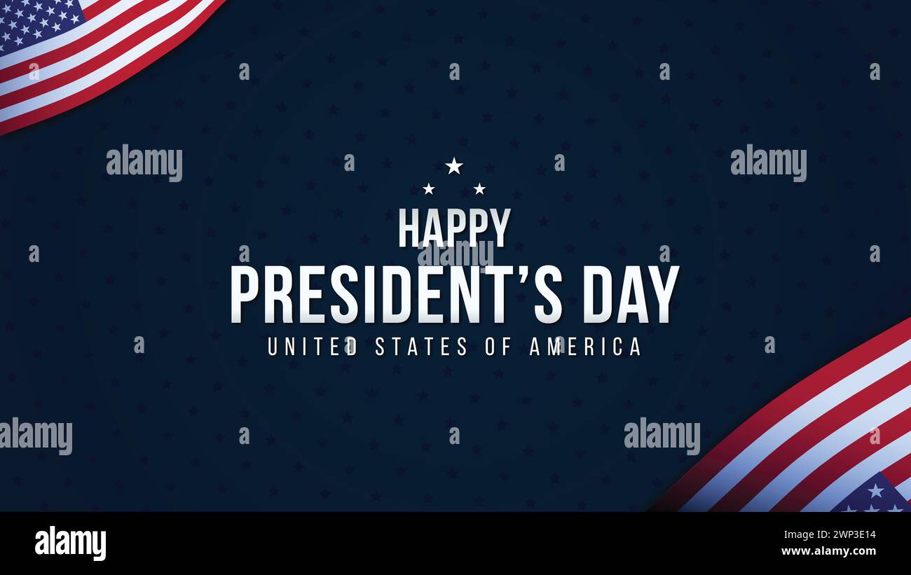 Blauer Hintergrund mit Text, Sternen und Nationalflaggen zum Happy Presidents Day. Banner, Poster Stock Vektor