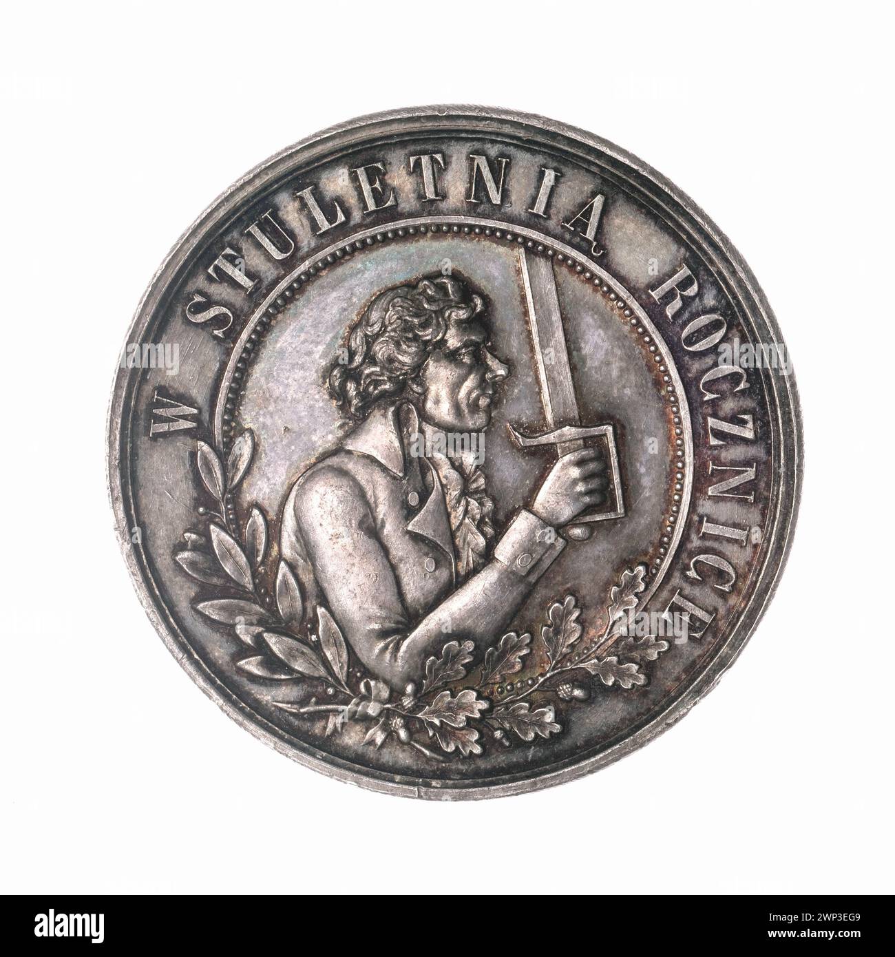 Eine Medaille von Wacław G. Owacki aus dem Jahr 1894 zum 100. Jahrestag von Tadeusz Kościuszko und dem Kościuszko-Aufstand mit Inschriften und Secession-Design. Stockfoto