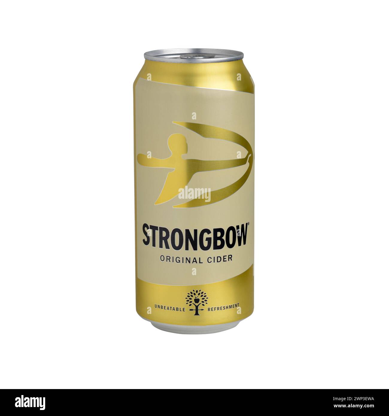 Dose Strongbow Original Cider isoliert auf weiß. Hergestellt von Bulmers, einem Unternehmen von Heineken International Stockfoto