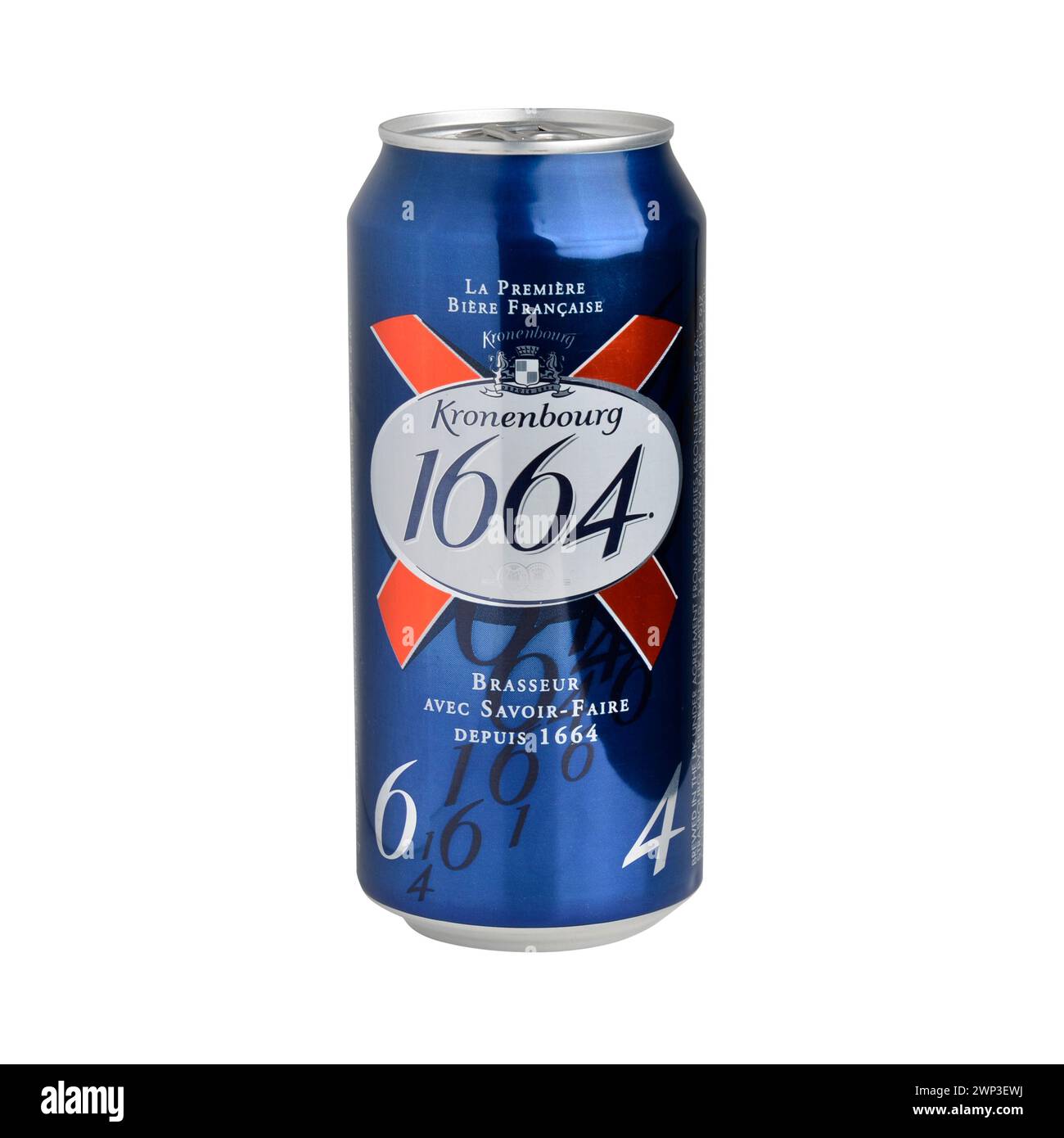 Kronenbourg Lager Bierdose isoliert auf weißem Hintergrund. Gebraut in Großbritannien unter Lizenz von Heineken UK. Stockfoto