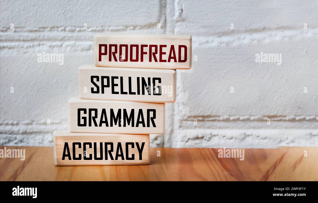 Korrektur der Rechtschreibung und grammatikalischen Genauigkeit. Ihre zukünftige Zielsuche vor einem schönen Hintergrund Stockfoto