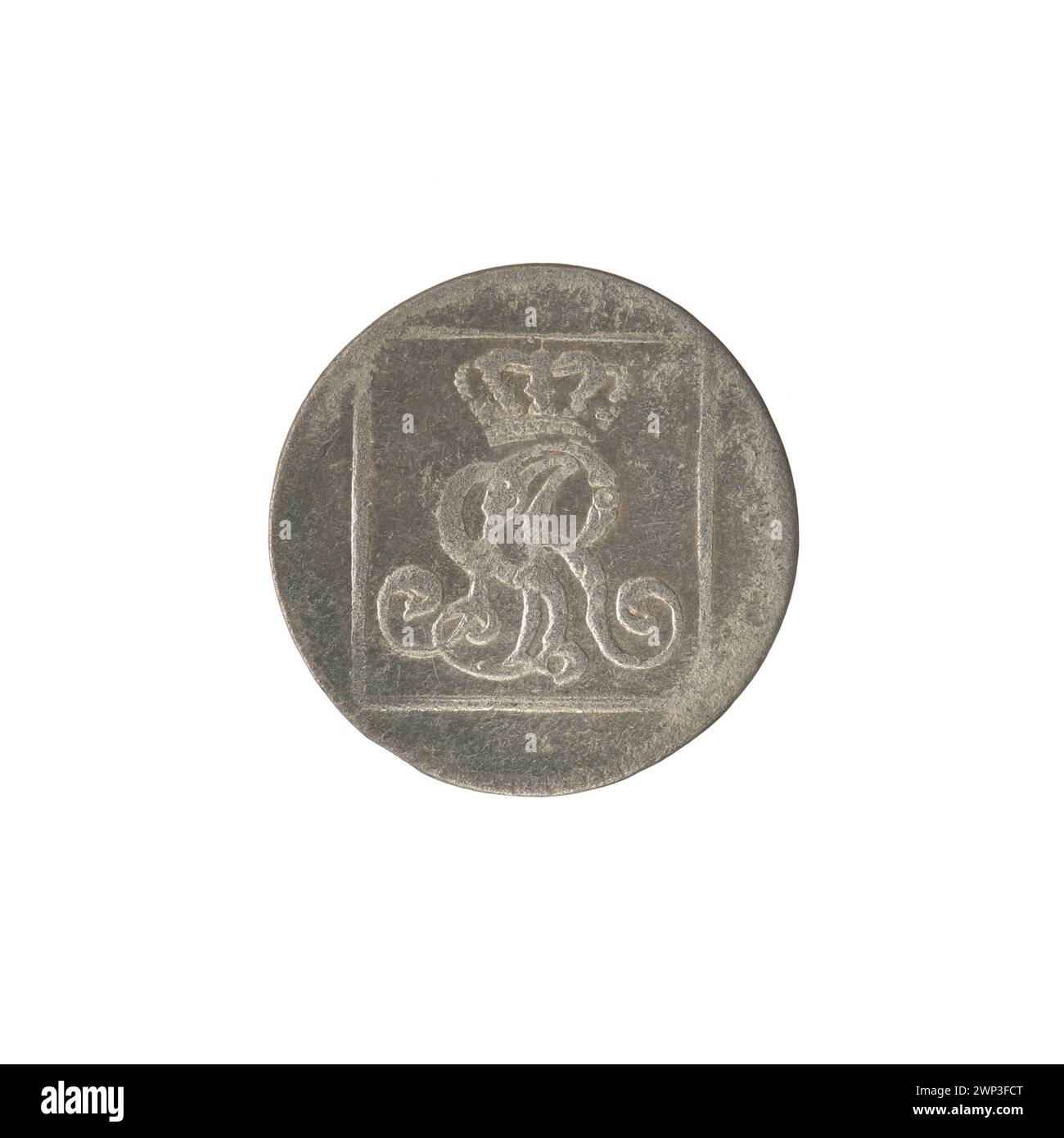 Dieser silberne KronenPenny, ausgestellt 1767 unter König Stanisław August Poniatowski, wurde von Fryderyk Wilhelm Sylm graviert. Stockfoto