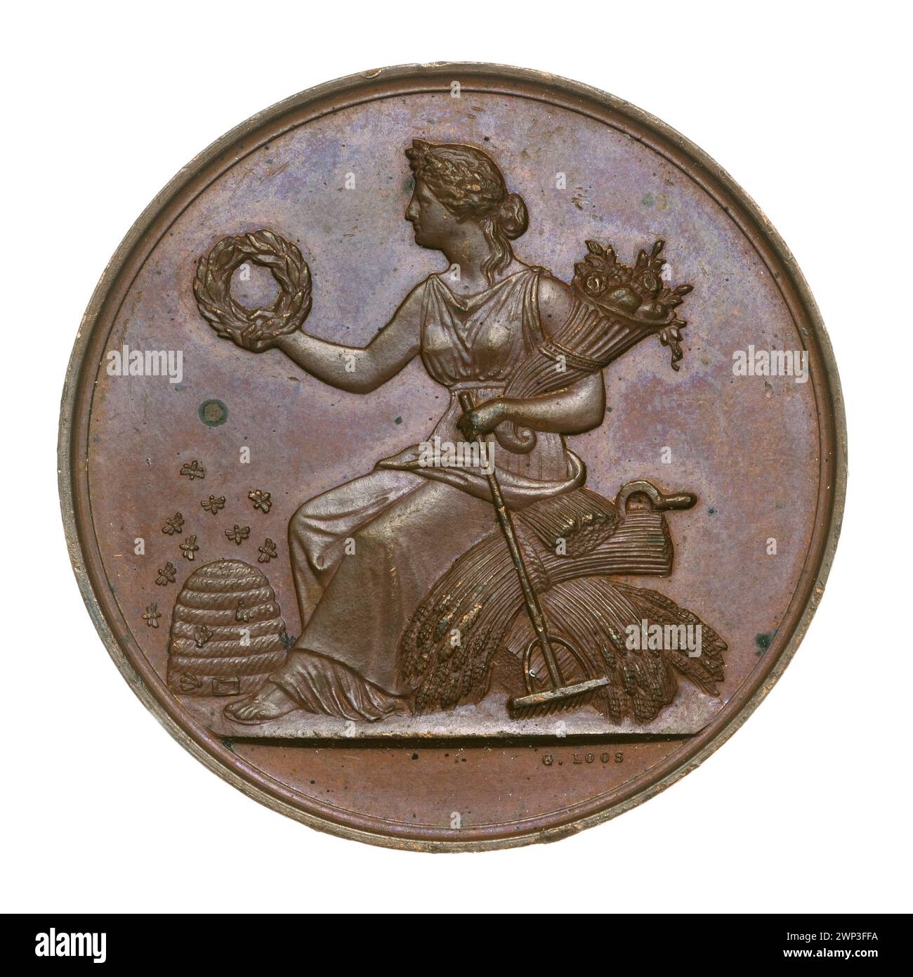 1893 wurde eine Medaille auf der Ausstellung Chmielarska in Nowy Tomyśl verliehen, die von der Loos Medalier Company in Berlin produziert wurde. Sie spiegelt den Stil der Sezession, die landwirtschaftliche Leistung und die Tradition der polnischen Medaillen wider. Stockfoto