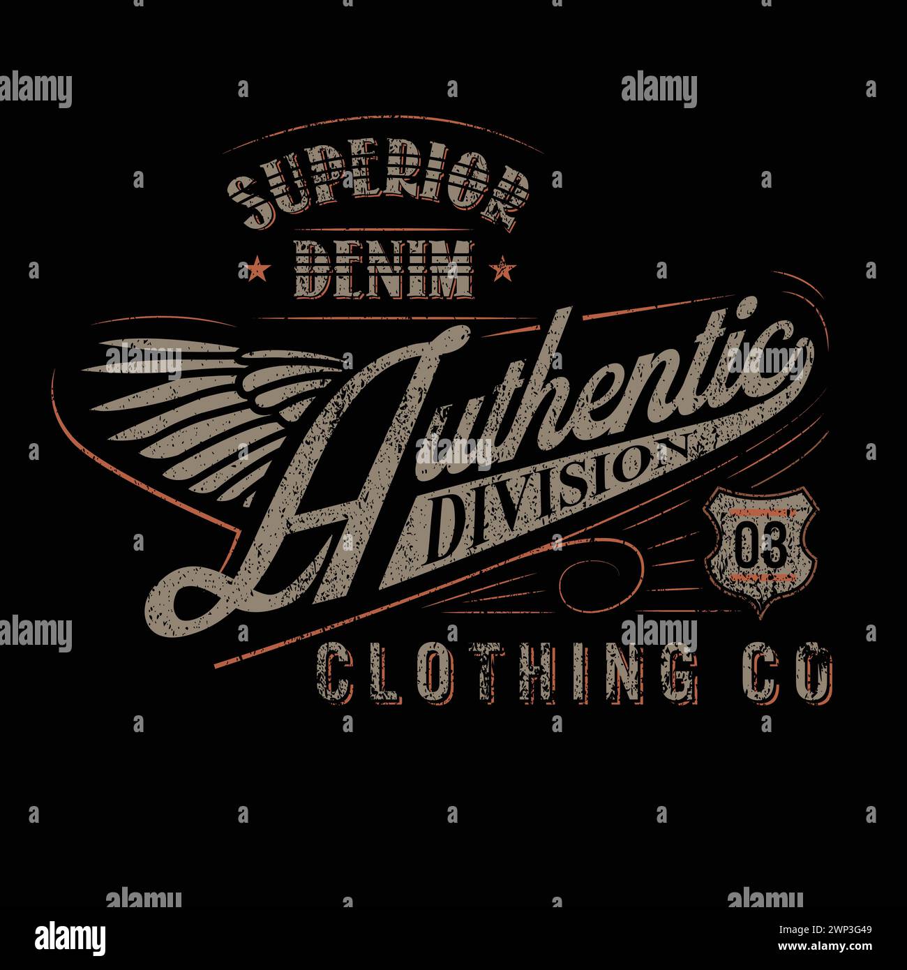 Vintage-Grafik – erstklassiges Denim Authentic Division Clothing Co Typografie-Branding mit Distress Typografie-Design für T-Shirt-Druck und Poster Stock Vektor