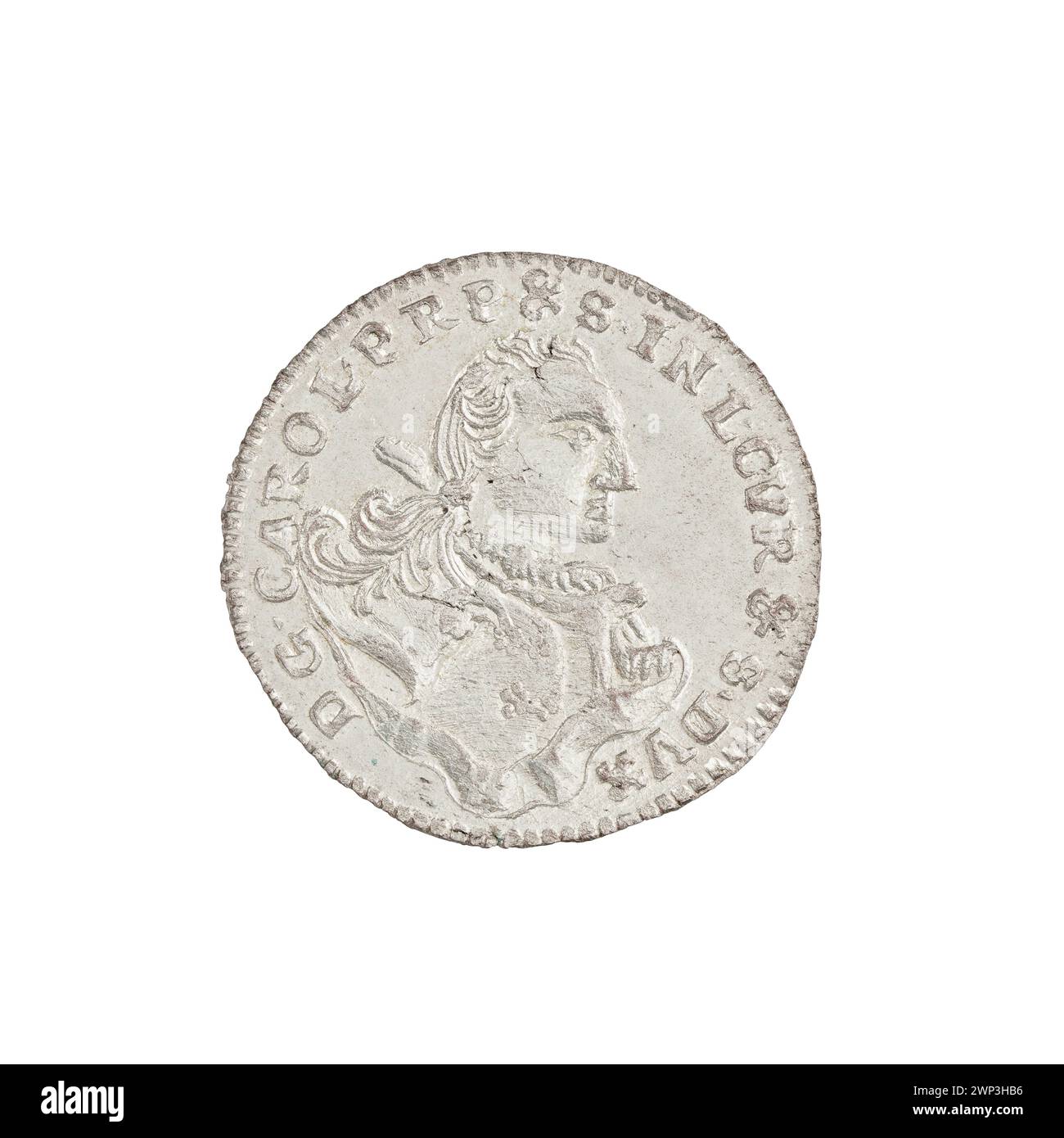 Ein 1762 Pfennig aus dem Herzogtum Kurland und Semigallien während der Herrschaft von Karol Christian Saski, produziert unter Konrad Henryk Schwerdtner. Stockfoto