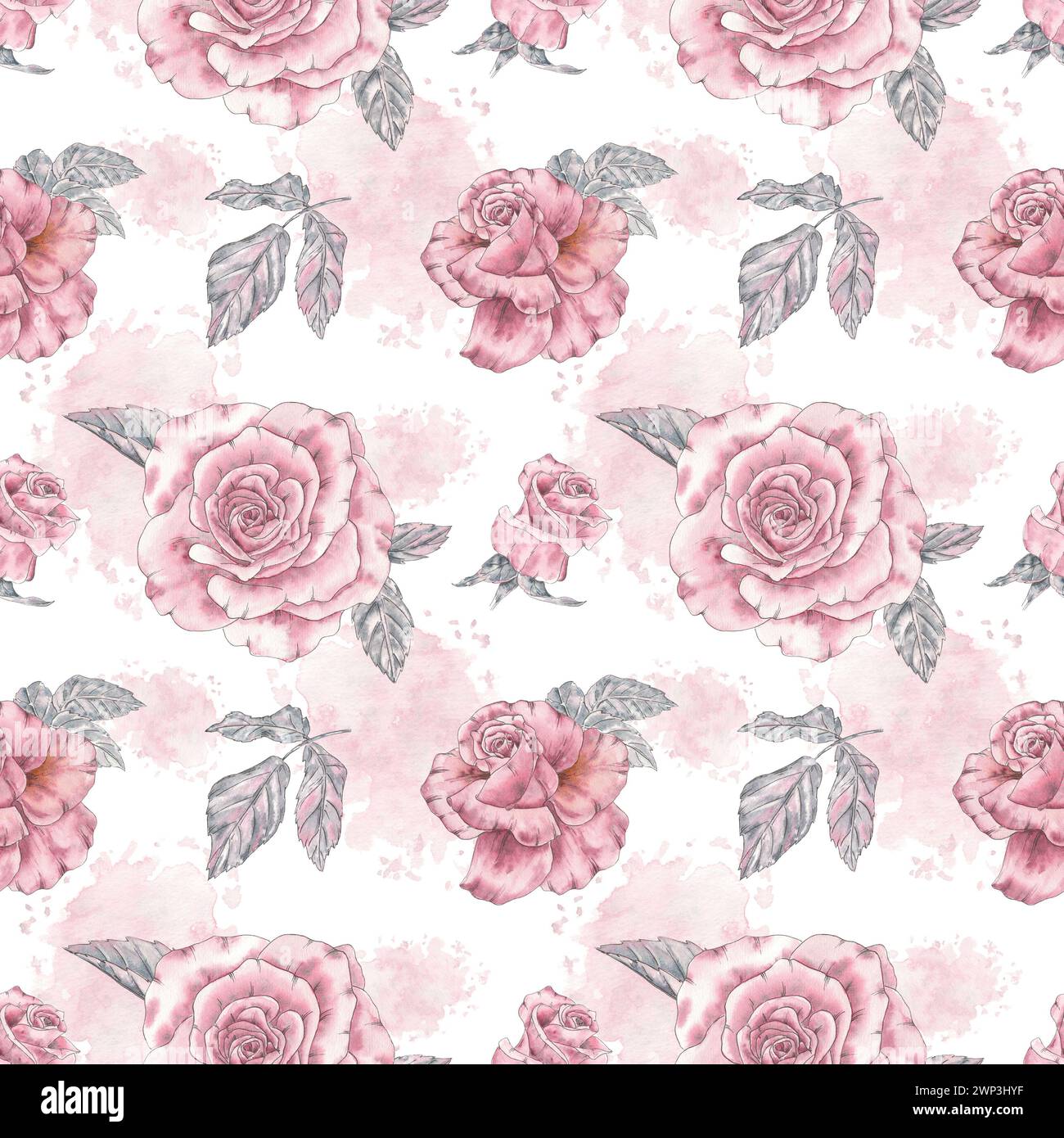 Nahtloses Muster mit Aquarellrosa, hinterlässt Vintage-Handzeichnung Illustration im botanischen Stile. Kunstdruck für Designtapete, Textil Stockfoto