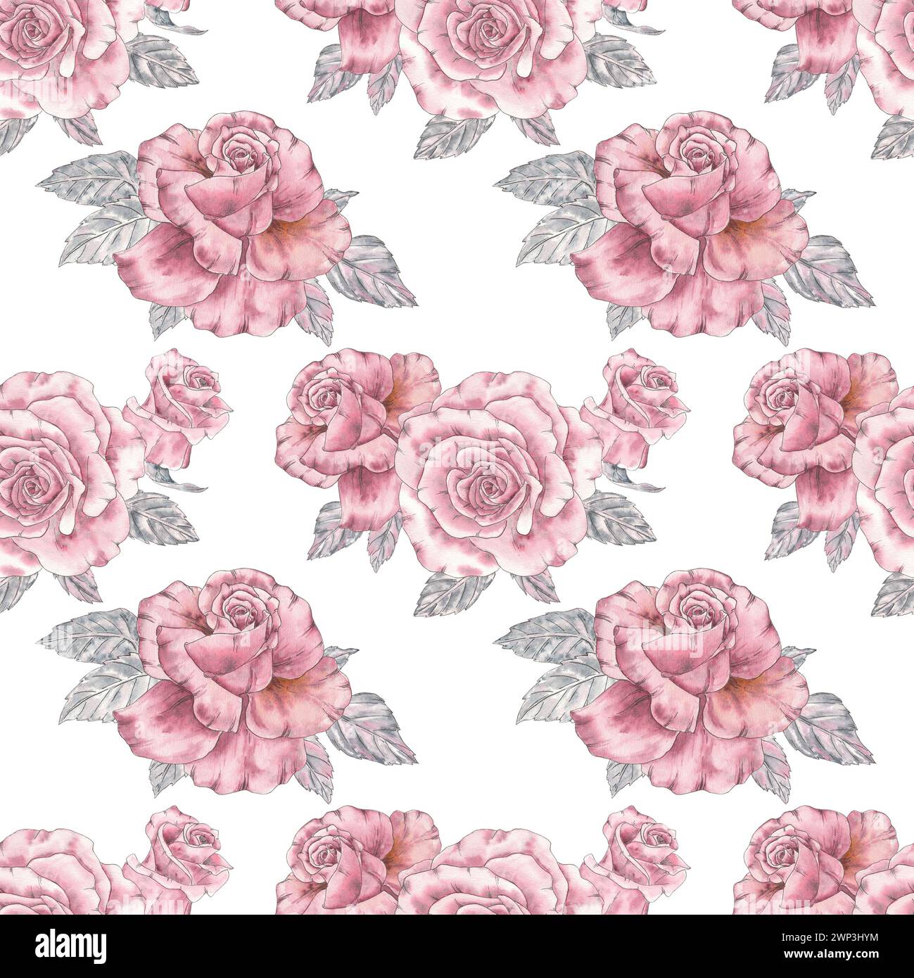 Nahtloses Muster mit Aquarellrosa, hinterlässt Vintage-Handzeichnung Illustration im botanischen Stile. Kunstdruck für Design-Hochzeitseinladung, gre Stockfoto