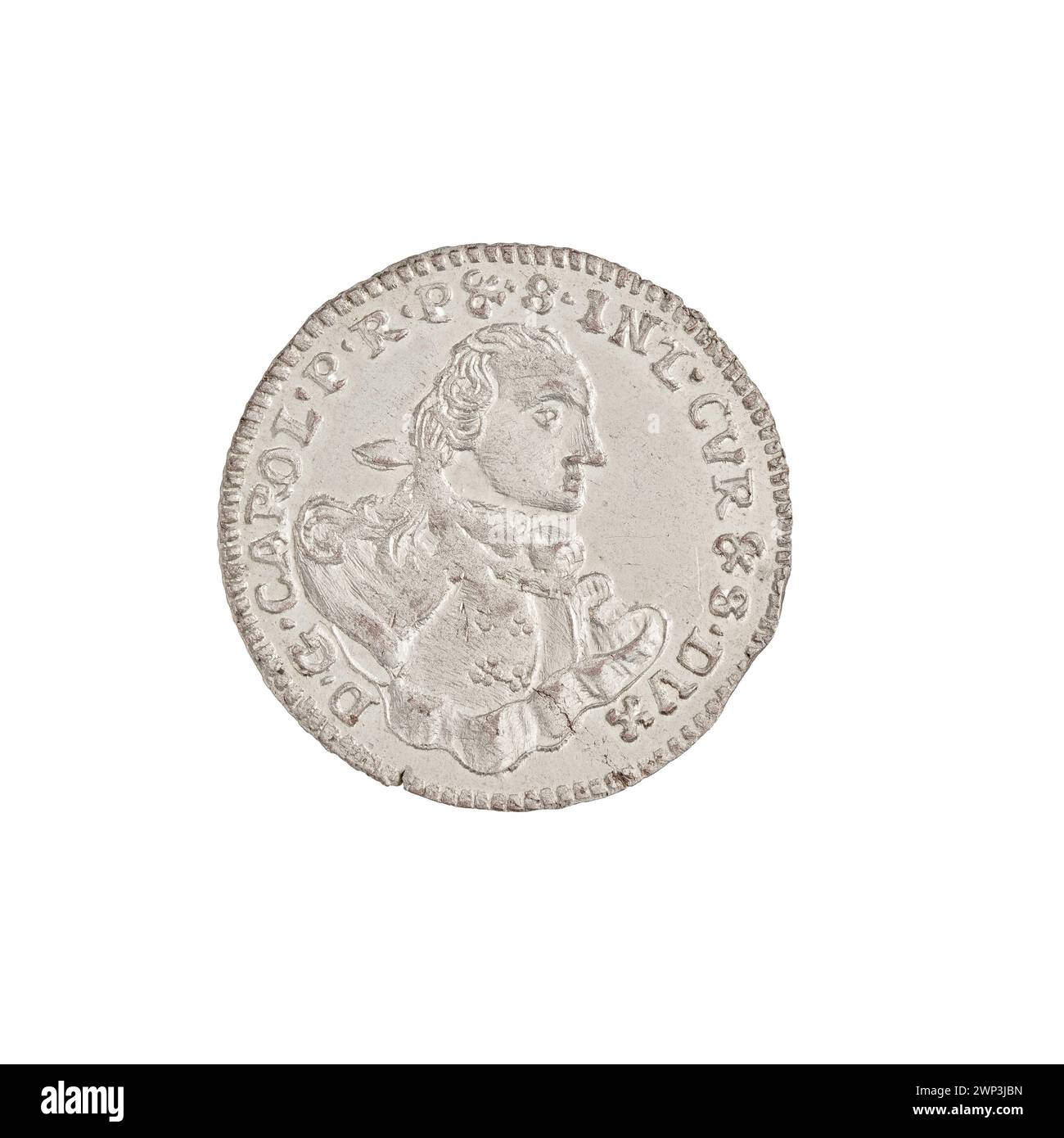 Dieser 1762 Pfennig wurde unter Karol Christian Saski für Kurland und Semigallia geschlagen, wobei Konrad Henryk Schwerdtner die Münze prägte und gestaltete. Stockfoto