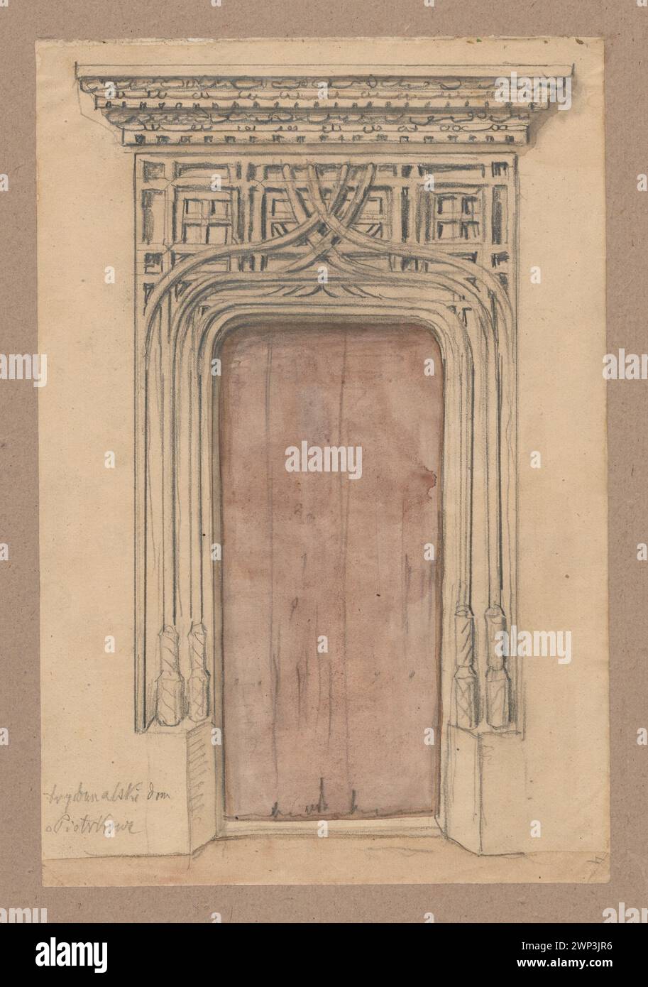 Portal des Königsschlosses in Piotrków Trybunalski, Polen, illustriert von Aleksander Lesser, 1830–1884, mit architektonischen Details und polnischem Burgdesign. Stockfoto