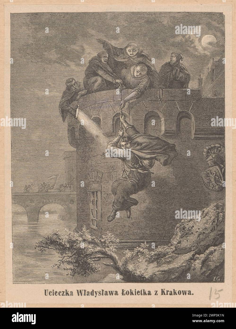 Bildwiedergabe: Aleksander Lesser (1818-1884), Flucht in Ava Okietka aus Krakau; Z: 'K Osy' 1884, Vol. XXXIX, Nr. 1007, S. 257; Lesser, Aleksander (1814-1884), Goradowski, Edward (1843-1901); 1884 (1884-00-00-1884-00); Kłosy (Warschau - Zeitschrift - 1865-1890) - Illustrationen, kleiner, Aleksander (1814-1884), kleiner, Aleksander (1814-1884) - Reproduktion, Władysław Łokietek (König von Polen - CA 1260-1333), Władysław Łokietek (König von Polen - CA 1260-1333) - Ikonographie, Malerei, polnische Malerei, Persönlichkeiten, polnische Persönlichkeiten, Reproduktion, Reproduktion eines Kunstwerkes, Flucht Stockfoto