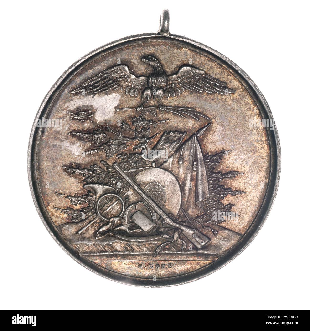 Eine Gedenkmedaille aus dem Jahr 1897 zum 50. Jahrestag der Strzelecki-Gesellschaft in Poznań, produziert von der Firma Loos Medalier, mit Secession-Design und polnischen Bürgersymbolen. Stockfoto
