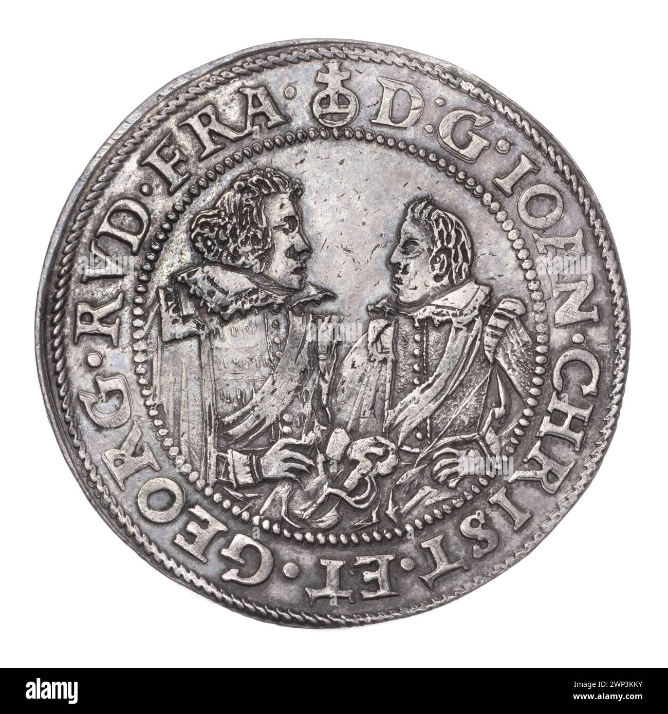 thaler; Jan Christian (KSI Legnica-Brzeski; 1591-1639), Jerzy Rudolf (KSI Legnica-Brzeski; 1595-1653), Tuchmann, Christoph (FL. 1607-1610); 1609 (1609-00-00-1609-00-00);Jan Christian (Prinz von Brest - 1591-1639), Jan Christian (Prinz von Brest - 1591-1639) - Ikonographie, Jerzy Rudolf (Prinz Legnica - 1595-1653), Jerzy Rudolf (Prinz Legnica - 1595-1653) - Ikonographie, Kantor, Bogumił (ca. 1947), Kantor, Bogumił - Sammlung, Piasten (Familie), Brüder, zwei Brüder (iconogr.), zwei Halbfakten wandten sich zueinander, das Herzogtum Brest (Wappen), das Fürstentum Legnica-Brzeskie Stockfoto