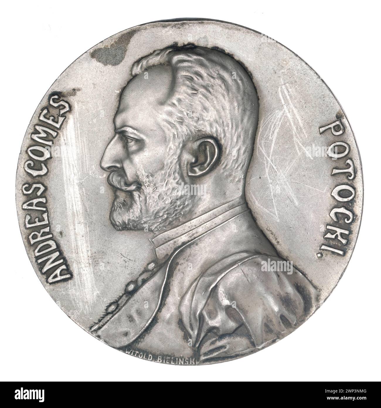 Eine Medaille aus dem Jahr 1908 zum Gedenken an Andrzej Graf Potocki, verbunden mit der Numismatischen Gesellschaft von Kraków, entworfen von Witold Bieli Ski im Secession-Stil. Stockfoto