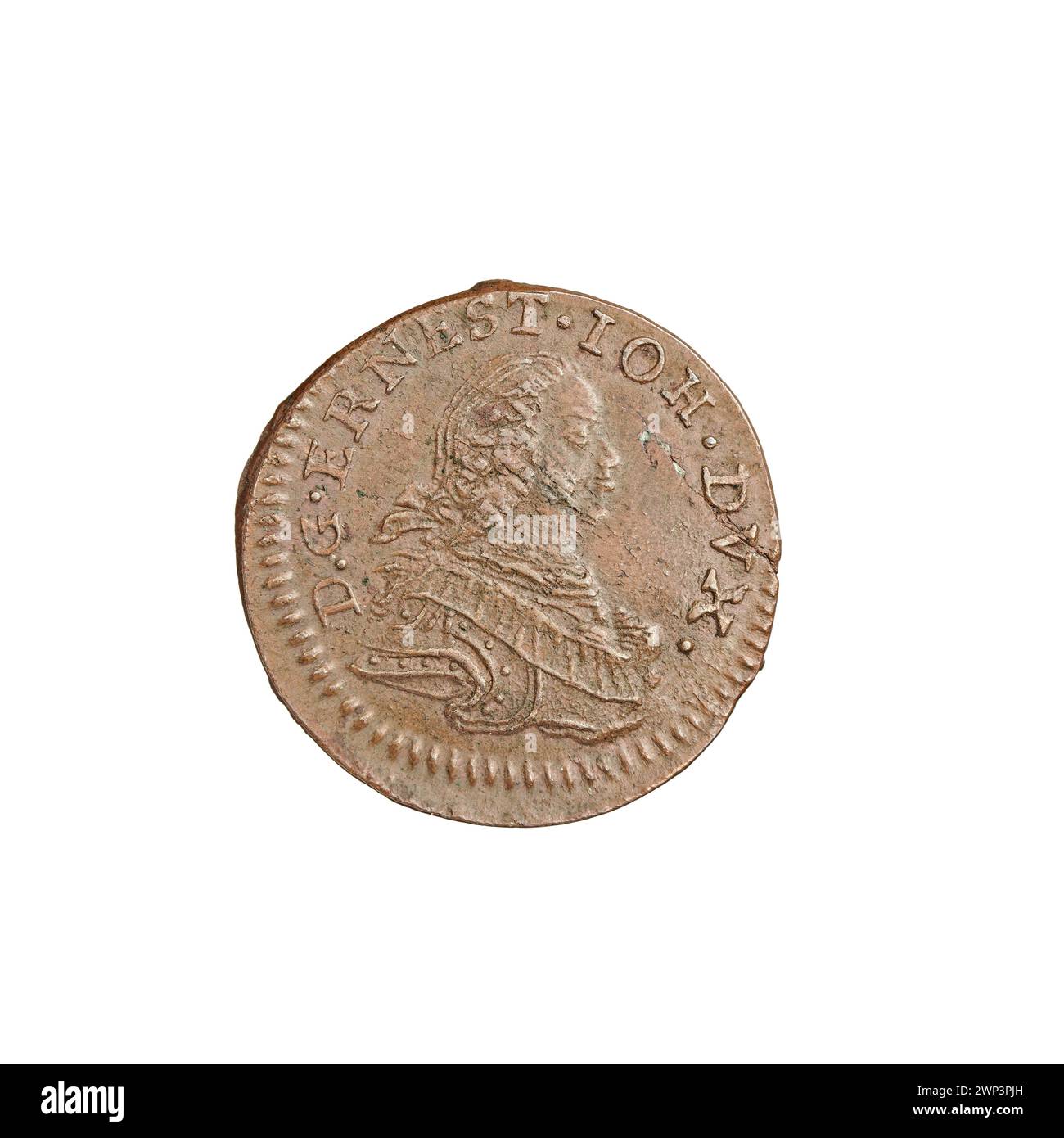 Eine 1764-Szel-g-Münze mit Ernest Jan Biron aus Kurland und Semigallien, geprägt in der Mitte des 18. Jahrhunderts, repräsentiert regionale Währung. Stockfoto