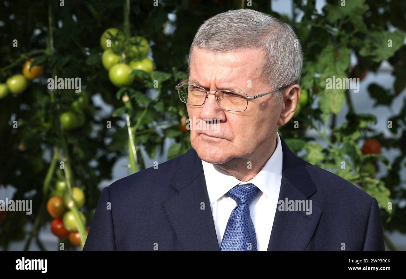 Solnechnodolsk, Russland. März 2024. Der Präsidentschaftsgesandte des Bundesbezirks Nordkaukasus, Jury Chaika, hört zu, wie der russische Präsident Wladimir Putin die Gewächshäuser von Solnechni dar besichtigt, am 5. März 2024 in Solnechnodolsk, Stavropol-Territorium, Russland. Quelle: Mikhail Metzel/Kreml Pool/Alamy Live News Stockfoto