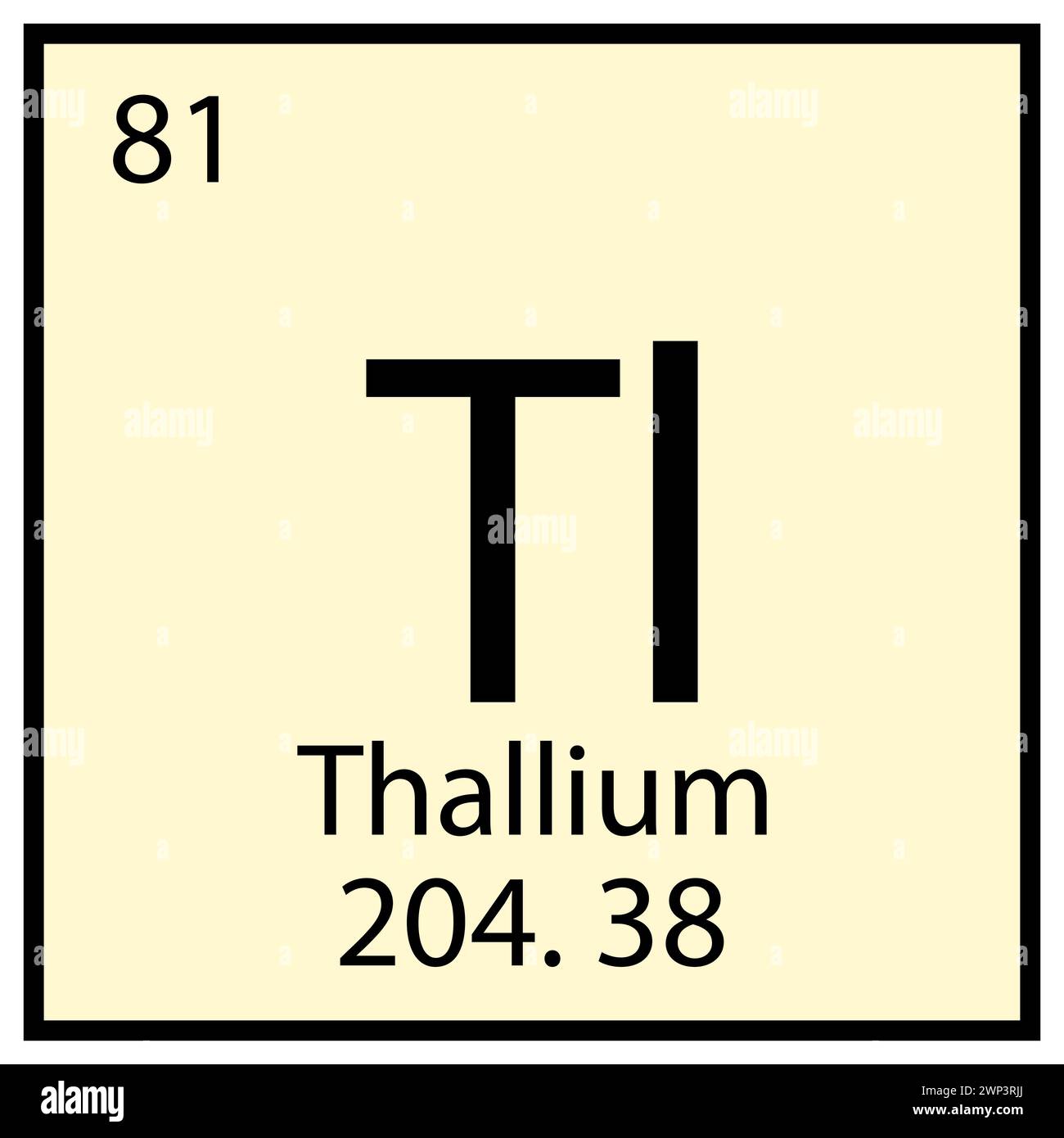 Symbol für Thalliumchemikalien. Quadratisches Zeichen. Mendeleev-Tabellensymbol. Bildung und Ausbildung. Vektorabbildung. Rohbild. EPS 10. Stock Vektor