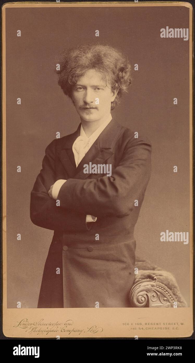 EN Face Porträt von Ignacy Jan Paderewski von Hüften nach oben, der ihn als Komponist und Pianist darstellt, erstellt von der London Stereoscopic and Photographic Company im Jahr 1891, mit Provenienz und historischem Kontext. Stockfoto