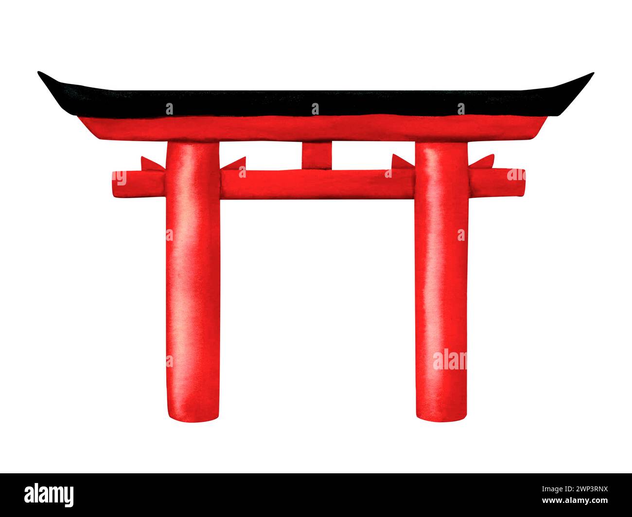 Japanische traditionelle rote Farbe des Torii-Tors. Aquarellillustration Japan traditionelles Wahrzeichen isoliert auf weißem Hintergrund Stockfoto