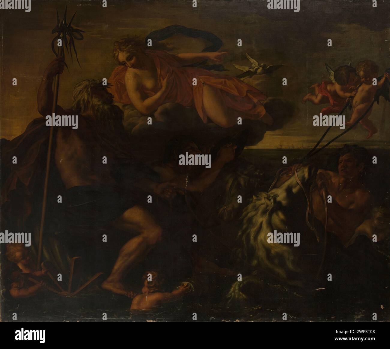 Ein französisches Gemälde aus dem späten 17. Jahrhundert, das Neptun zeigt, der die Winde beruhigt, mythologische Themen und klassische Ikonographie veranschaulicht. Stockfoto