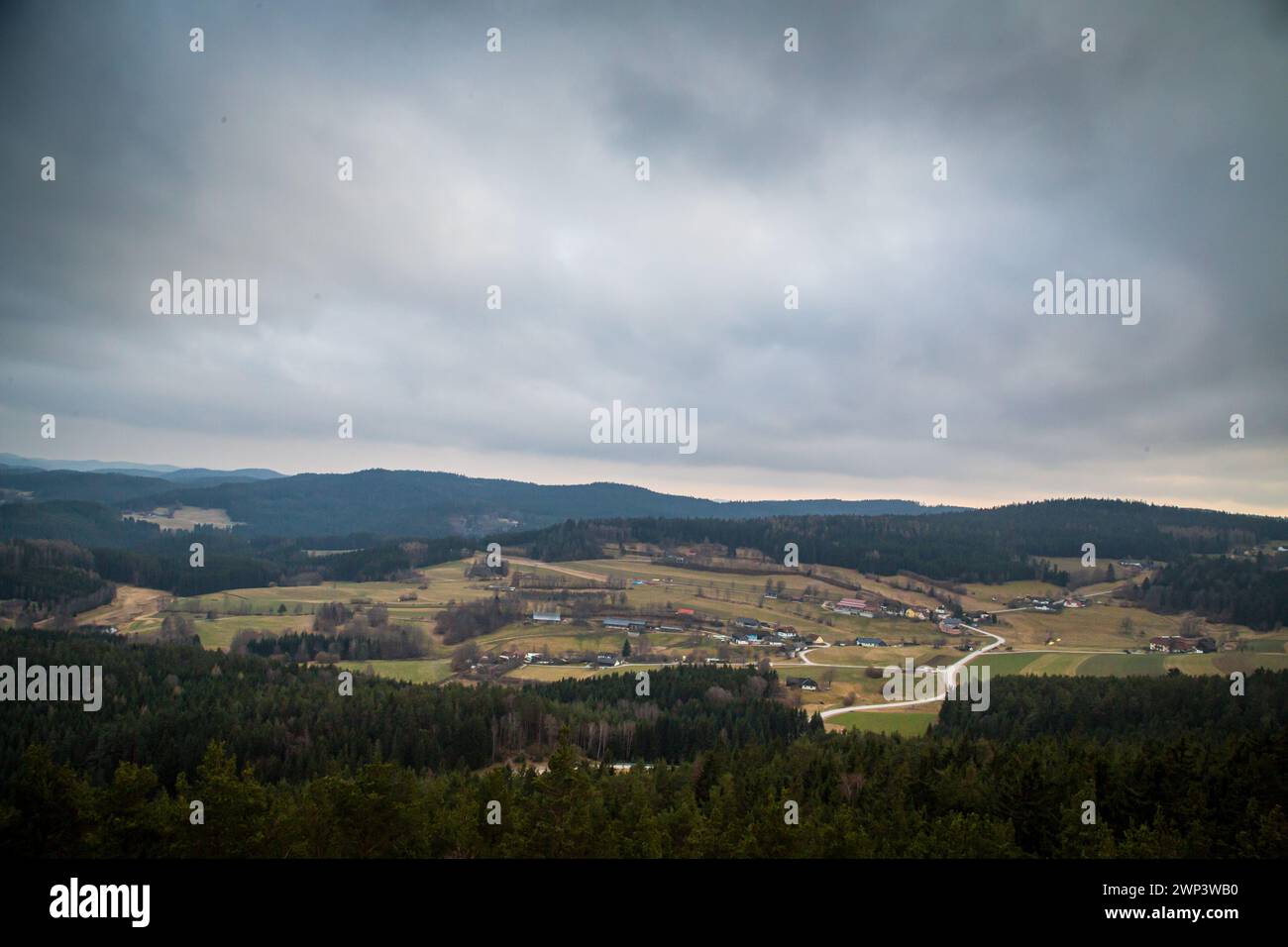 Hügel, Wald und bewölkter Himmel, Ausblick von einer Aussichtsplattform - Waldviertel, Naturpark Scheiben (Bad Großpertholz) Stockfoto