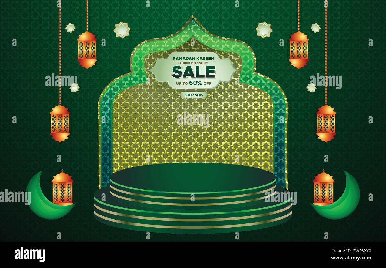 Ramadan Kareem Super Sale Web-Banner Hintergrund mit Podium für Produktpräsentation. Islamischer Ramadan Big Sale Promotion Banner Vorlage Stock Vektor