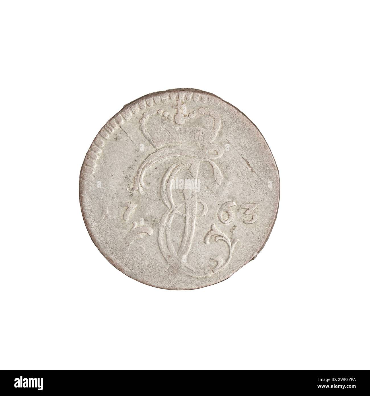 1763 unter Ernest Jan Biron im Herzogtum Kurland und Semigallien ausgegebene Silbermünze, produziert von Justyn Karol Schröder in Mitawa. Stockfoto