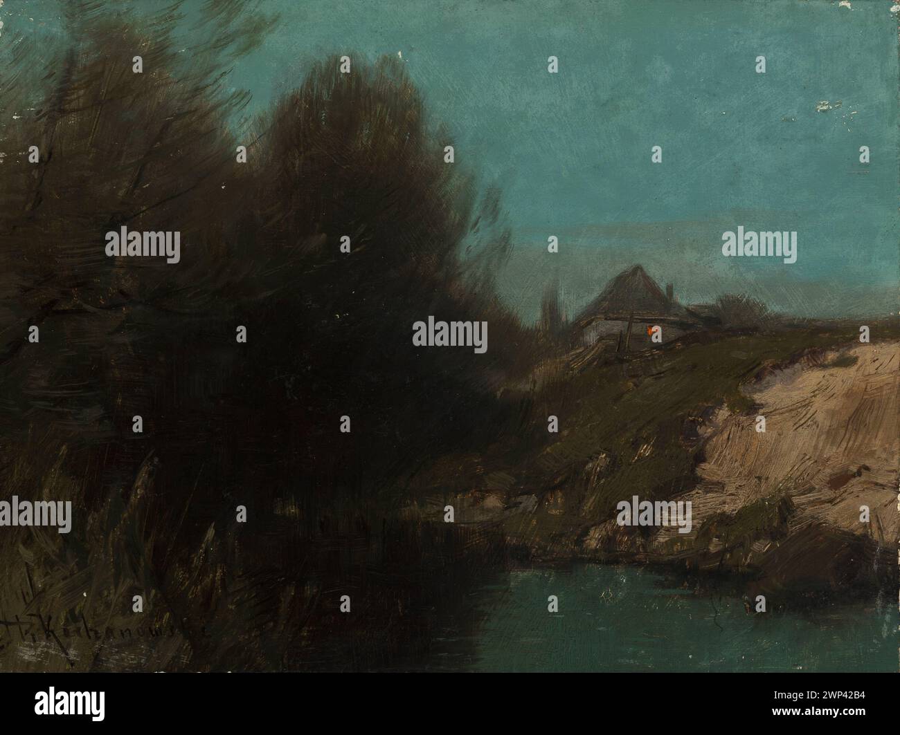 Ein Gemälde von Roman Kazimierz Kochanowski aus dem Jahr 1890-1900, das eine Landschaft mit einem kleinen Gespräch in einer natürlichen Umgebung zeigt, als Geschenk geschenkt. Stockfoto