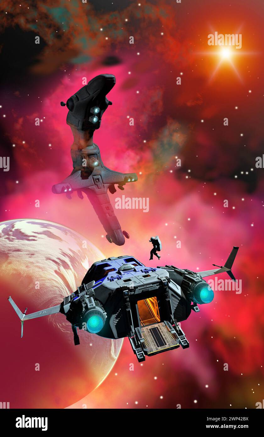 Raumschiffe im Nebel mit Planeten, Asteroiden und Sternen, 3D-Illustration Stockfoto