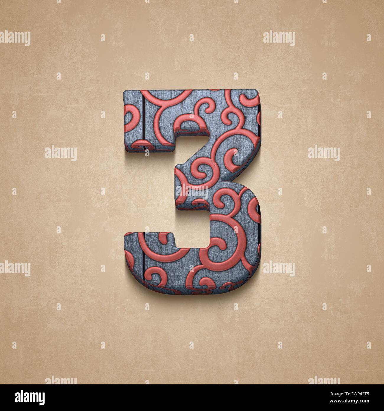 Set mit verzierten hölzernen Zahlen, 3D-Rendering, 3 Stockfoto