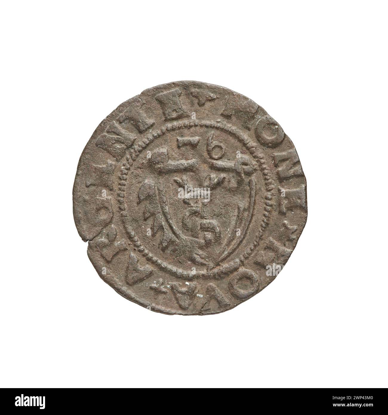 Szelg-Münze, geprägt 1576 unter Gotard Kettler für das Herzogtum Kurland und Semigallien, als Teil der lokalen Währung. Stockfoto