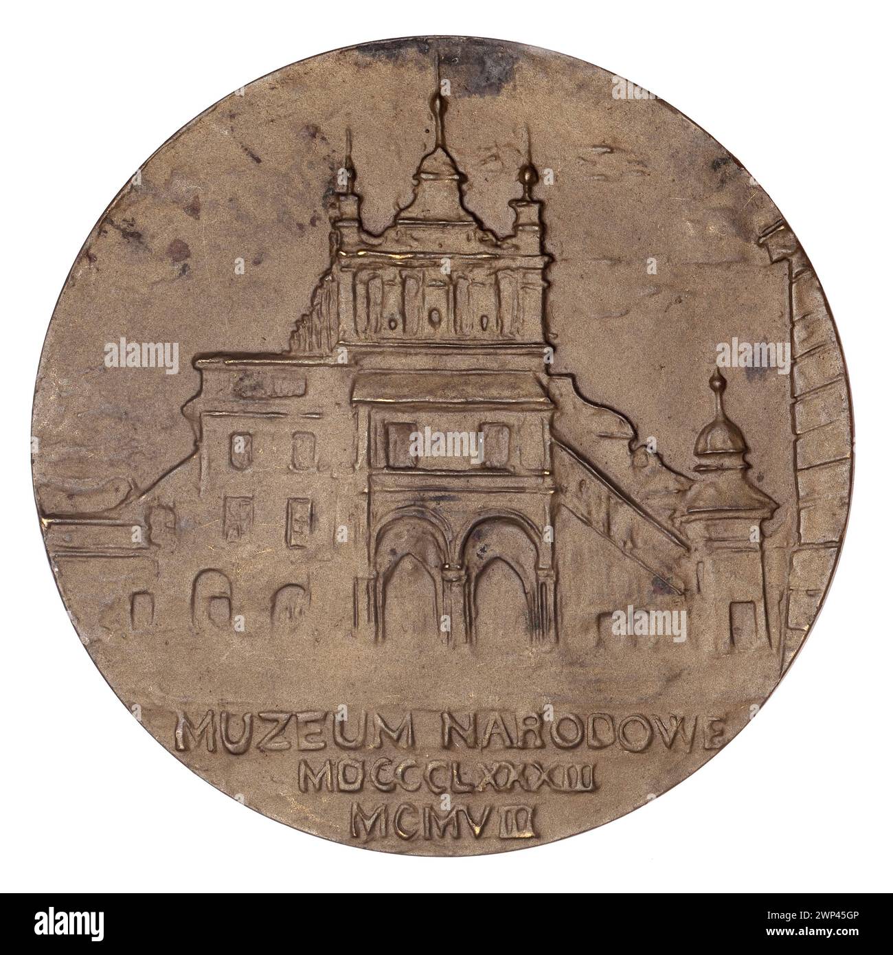 Eine Medaille aus dem Jahr 1908 zum 25. Jahrestag des Nationalmuseums in Kraków, die von Konstanty Laszczka und den Brüdern Schneider im Stil der Secession geschaffen wurde. Stockfoto