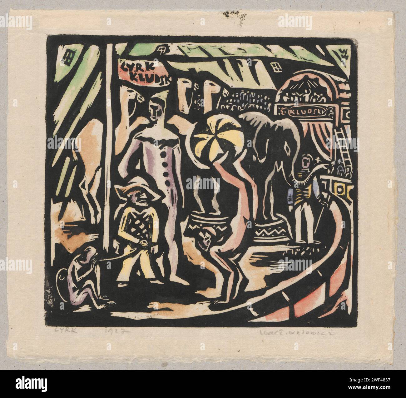 Um 1926 malte Wacław Sowicz eine Zirkusszene, in der Künstler, Tiere und Zuschauermitglieder gezeigt wurden, die Unterhaltung und das kulturelle Leben in Polen widerspiegeln. Stockfoto