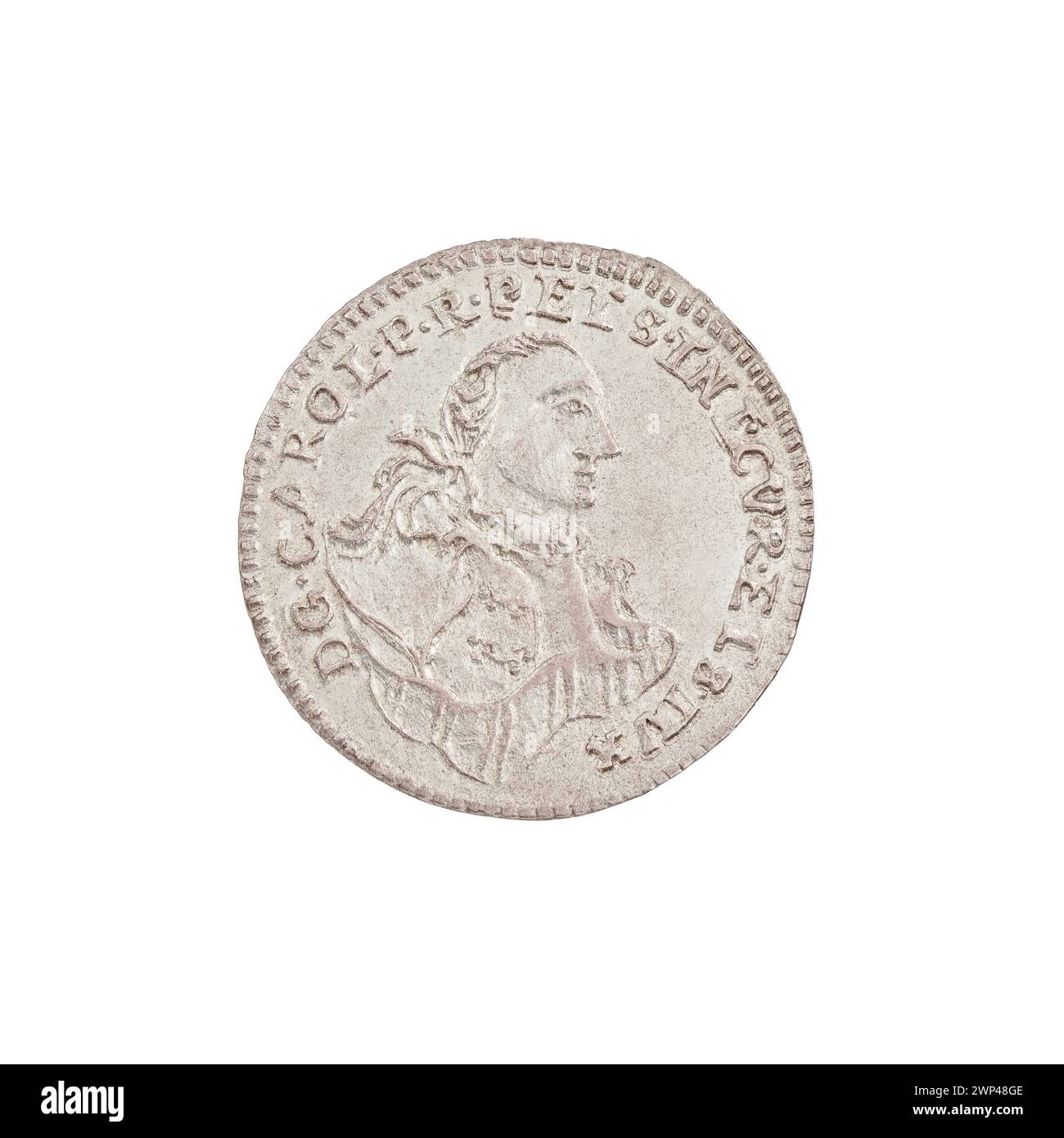 Dieser 1762 Pfennig wurde unter Karol Christian Saski für das Herzogtum Kurland und Semigallien ausgegeben, wobei Konrad Henryk Schwerdtner für die Prägung und Gestaltung zuständig war. Stockfoto