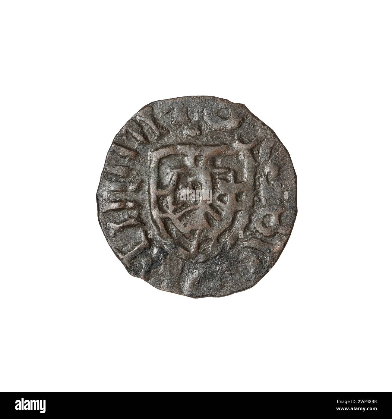 Schah-vom-Kreuz-Insignien aus der Zeit nach 1380, die mittelalterliche europäische Heraldik und religiöse Symboliken repräsentieren. Stockfoto