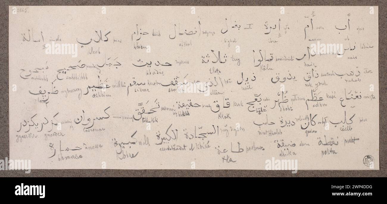 Objekt mit arabischen Inschriften und polnischem Relief, das in der Sammlung von Dominik Witke-Jeżewski aufbewahrt wird und textuelle und orientalistische Designelemente illustriert. Stockfoto