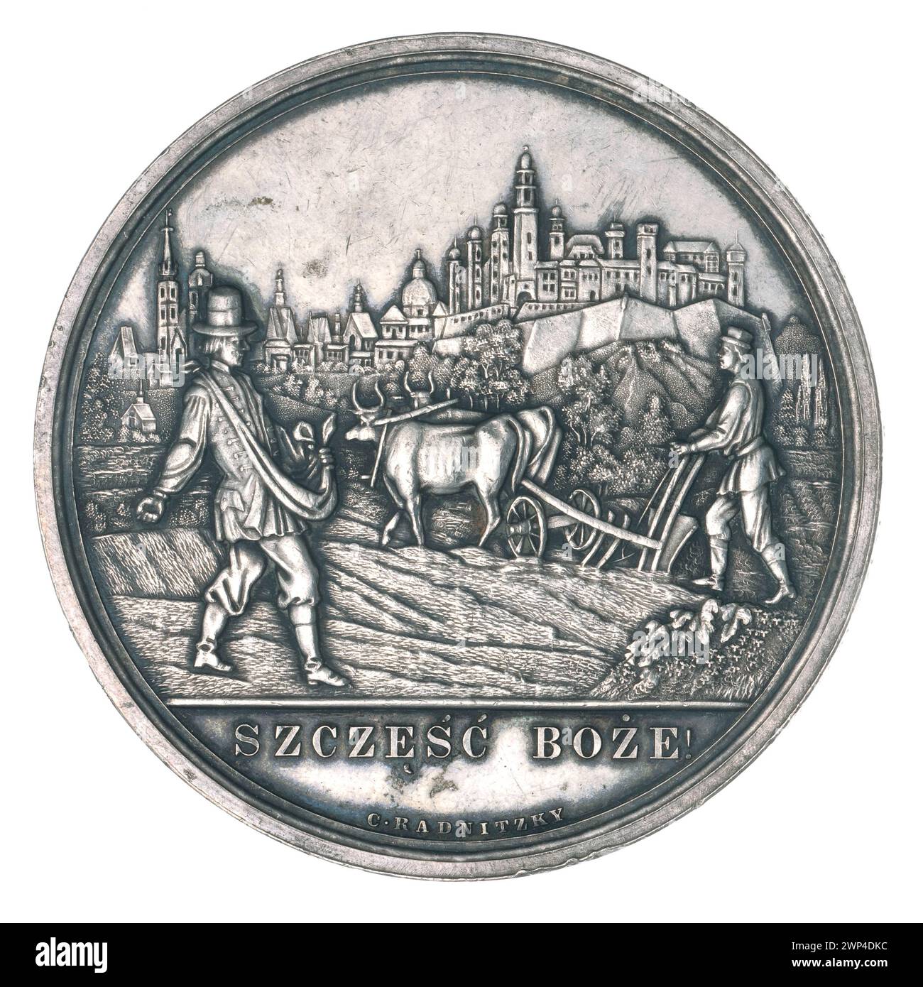 1908 wurde eine Medaille für wirtschaftliche und landwirtschaftliche Errungenschaften in Kraków verliehen, entworfen von Karl Radnitzky im Stil der Secession, verbunden mit lokalen Gesellschaften. Stockfoto