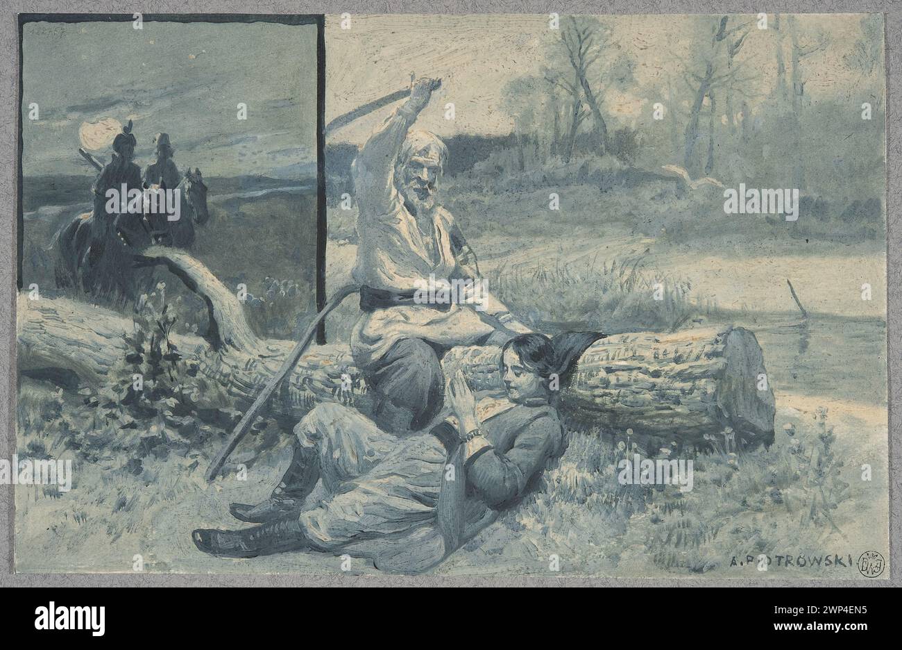 1901 Illustration von Antoni Piotrowski für Sienkiewicz's „Feuer und Schwert“, in der Helena Kurcewiczówna nachts zu Pferd flüchtet, und eine Szene, in der sie Haare schneidet, mit Kostümen aus dem 17. Jahrhundert. Stockfoto