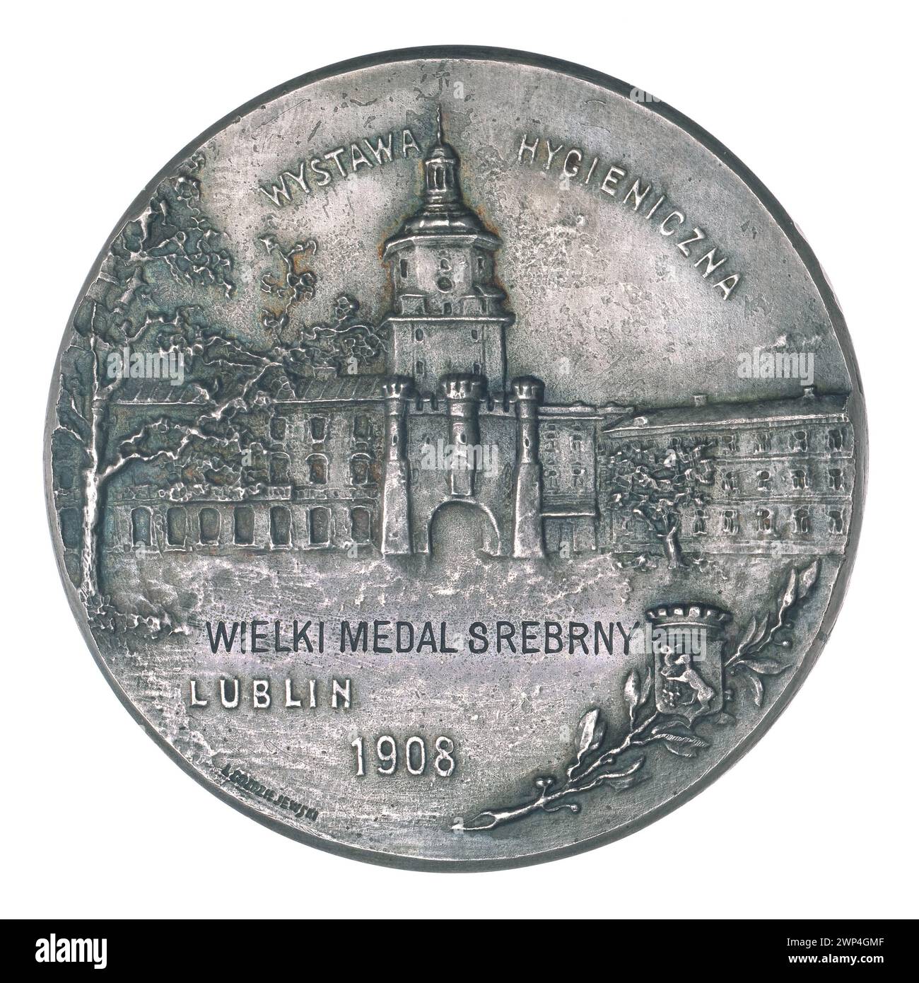 Eine Silbermedaille von 1908 an Ksawery Dionysius de Makowo-Makowski auf der Hygieneausstellung in Lublin, gestaltet im Secession-Stil. Stockfoto