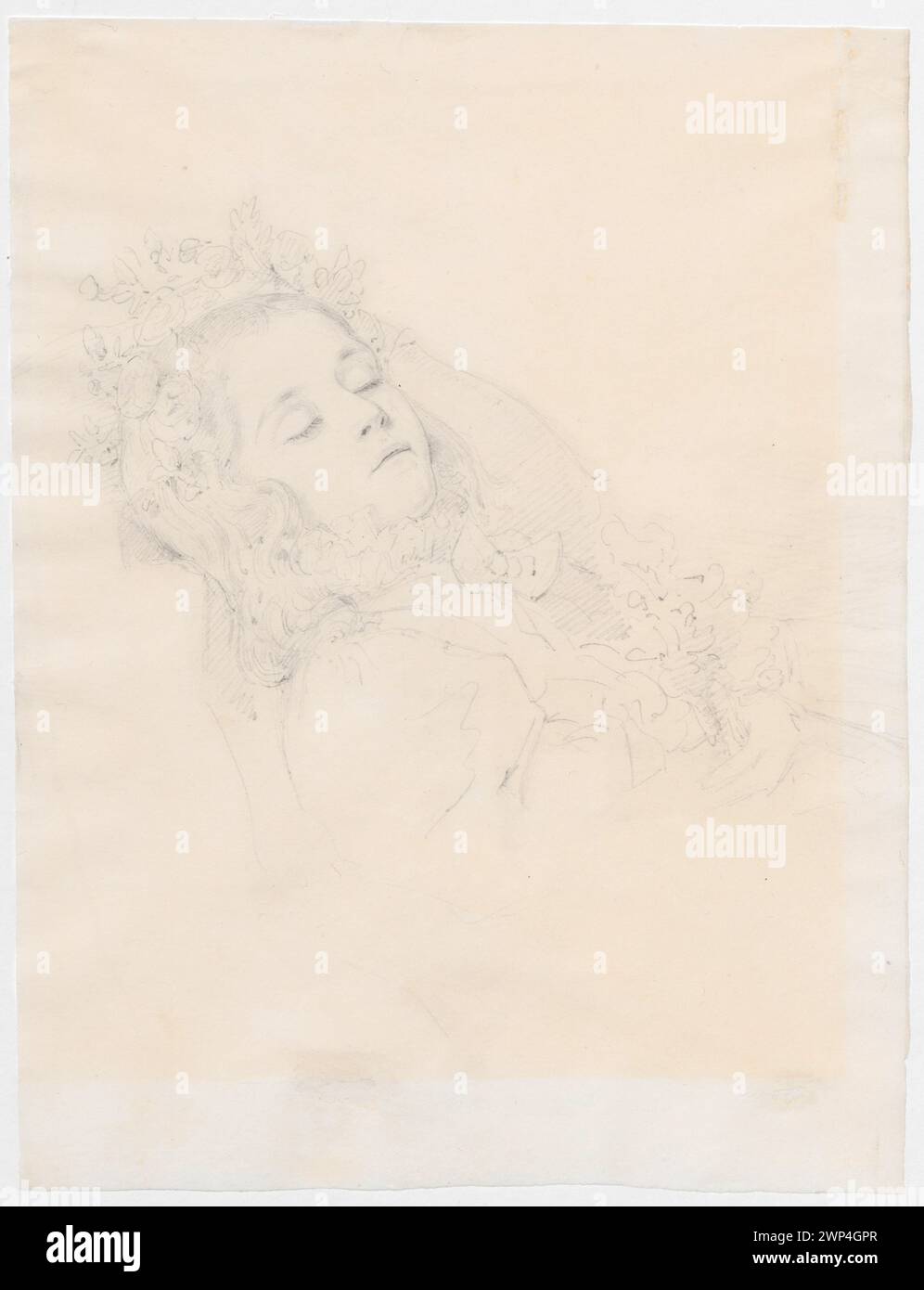 Porträt eines verstorbenen Mädchens von Moritz von Schwind, 1824–1871, Teil der Sammlung Schlesisches Museum der Bildenen Künste, Darstellung eines Kindes im deutschen Zeichenstil und mit dem Tod assoziiert. Stockfoto