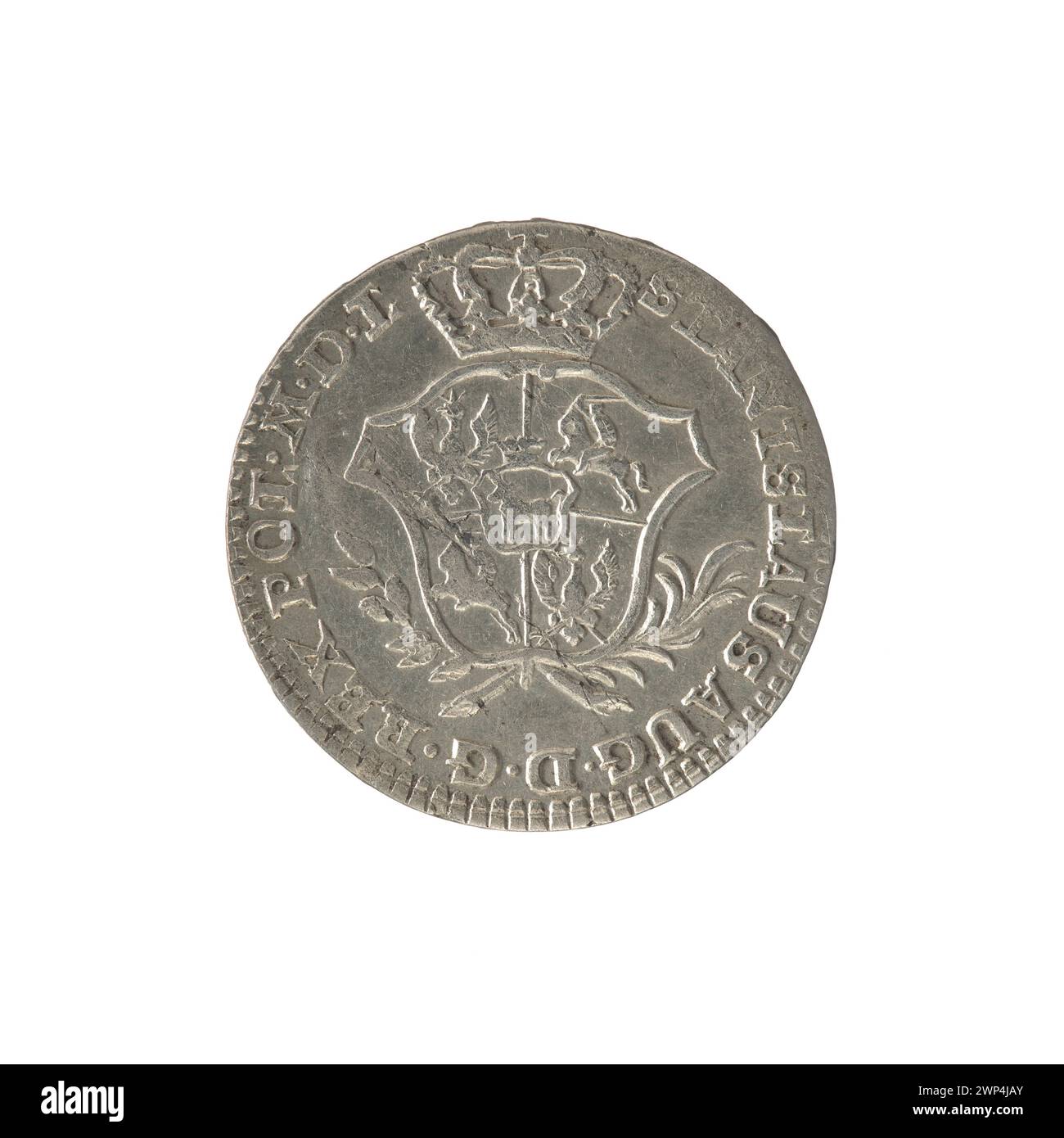 Diese polnische Münze aus dem Jahr 1767 zeigt ein gekröntes Wappen mit den Initialen „FS“ für den Münzmeister Fryderyk Wilhelm Sylm, der von 1765 bis 1767 aktiv war. Die Vorderseite trägt die Legende „STANISLAUS AUG D.G. REX POL. M.D.L.' zeigt König Stanisław August Poniatowskis Herrschaft an. Die Münze ist Silber mit einem Gewicht von etwa 3,71 Gramm und war Teil des ersten Zloty-Währungssystems. Stockfoto