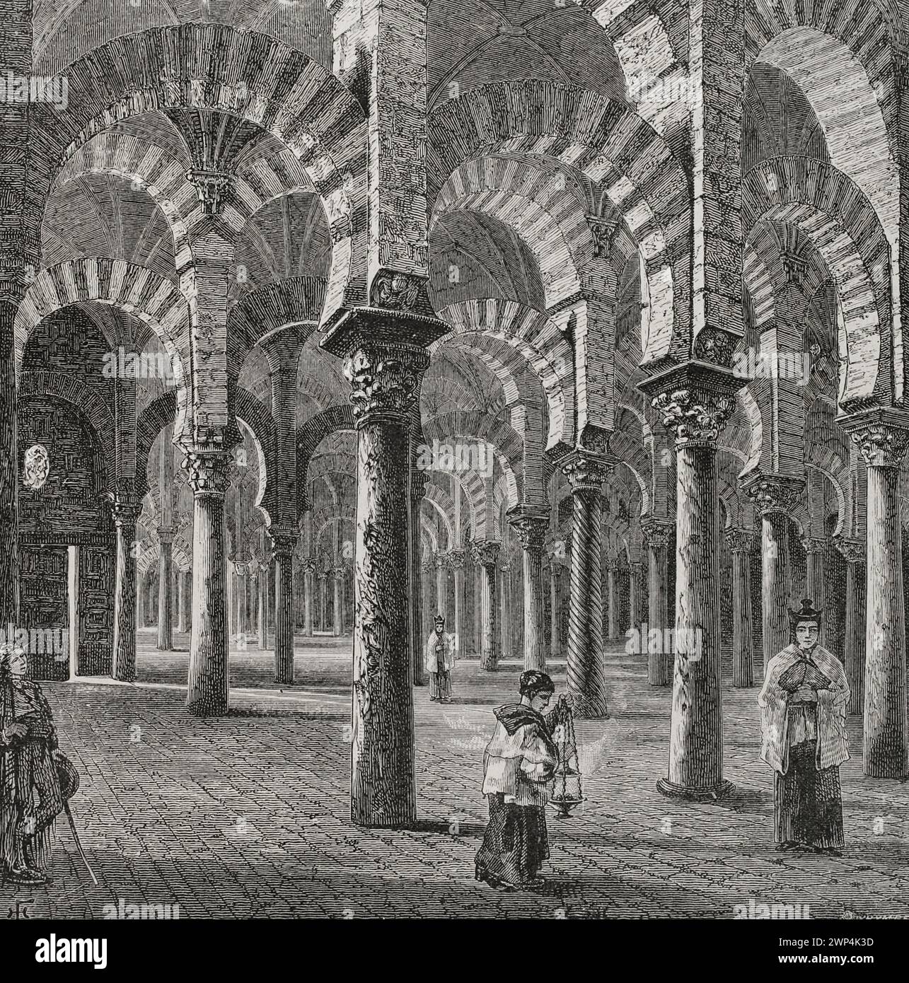 Cordoba, Andalusien, Spanien. Große Moschee von Cordoba oder Kathedrale unserer Lieben Frau von der Himmelfahrt. Innenraum. Gravur. „Glorias Españolas“ (Glorias von Spanien). Band II Veröffentlicht in Barcelona, 1890. Stockfoto