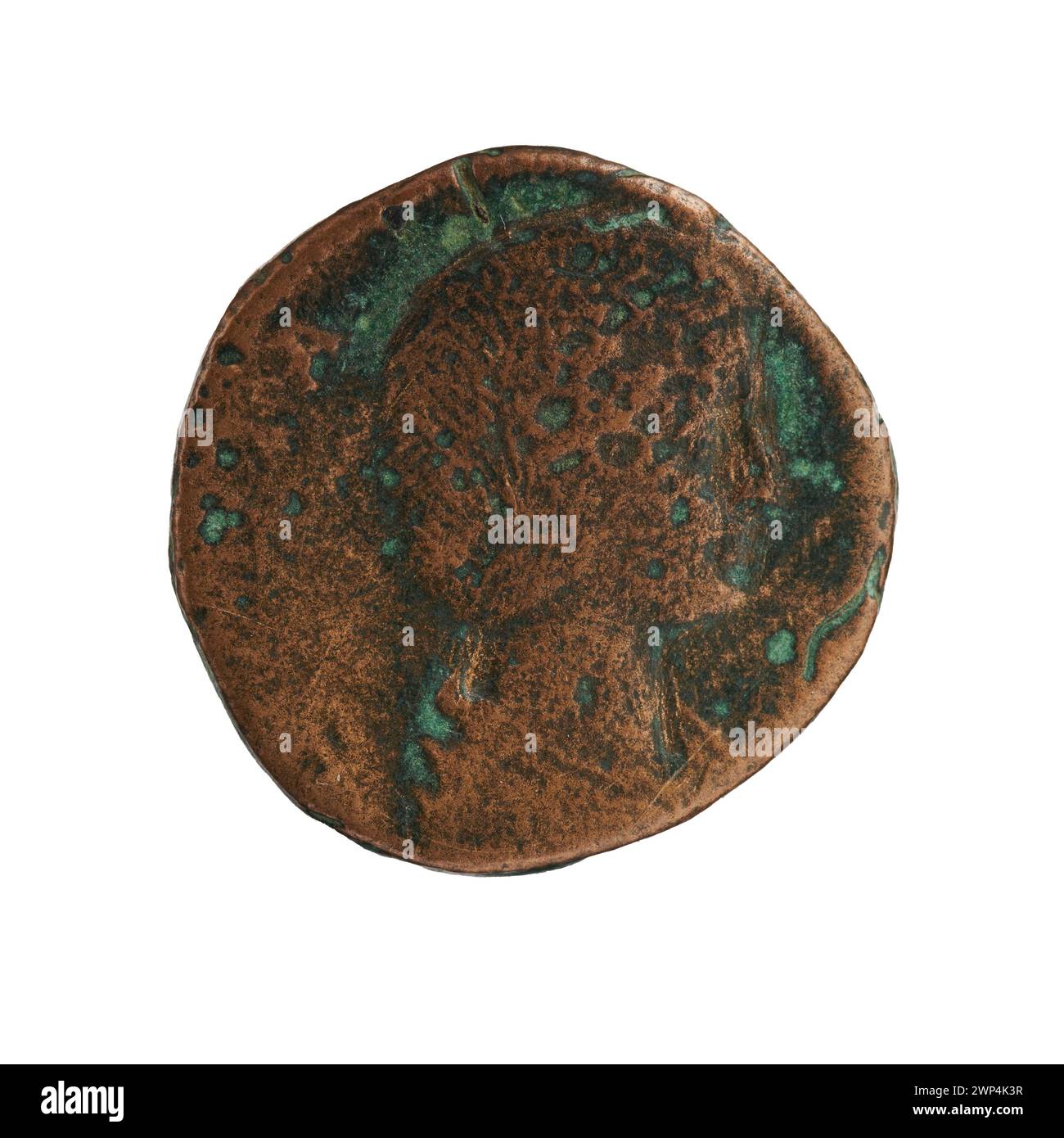 Römisches Sestre aus dem Jahr 196-209 n. Chr., das Kaiserin Julia Domna mit kaiserlichen Inschriften, Reliefporträt und Standardkomposition aus Metall darstellt. Stockfoto