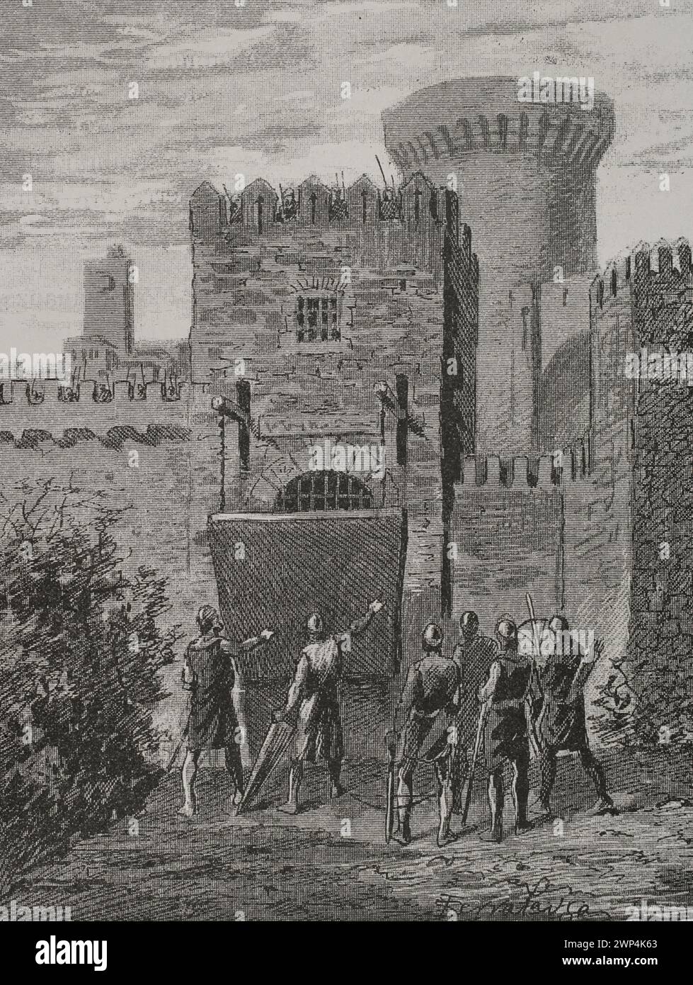 Jacquerie (28. Mai bis 10. August 1358). Karl II. Von Navarra (1332–1387), bekannt als Karl der Böse. König von Navarra (1349-1387). Benannt von Etienne Marcel (1302/10-1359) erscheint Karl II. Vor Paris. Karl II. Kommt am 14. Juni 1358 nach Paris. Er wurde in Saint Denis gegründet und wurde durch Akklamation zum Kapitän von Paris ernannt. Stich von Serra Pausas. „Glorias Españolas“ (Glorias von Spanien). Band II Veröffentlicht in Barcelona, 1890. Stockfoto