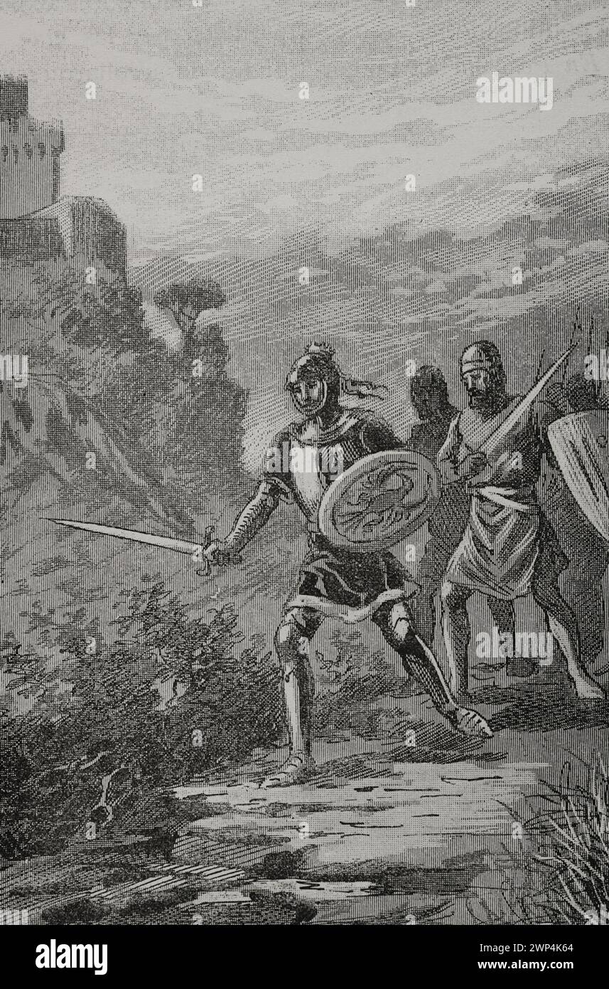 Jakob III. Von Mallorca (1315-1349), bekannt als „der Ausschlag“ oder „der Unglückliche“. König von Mallorca (1324-1343). Jakob III. In der Schlacht von Llucmajor am 25. Oktober 1349. In dieser Schlacht wurde er von den Truppen des Königs Peter IV. Von Aragonien besiegt und starb im Verlauf der Schlacht. Das Königreich Mallorca wurde in die Krone von Aragon eingegliedert. Gravur. „Glorias Españolas“ (Glorias von Spanien). Band II Veröffentlicht in Barcelona, 1890. Stockfoto