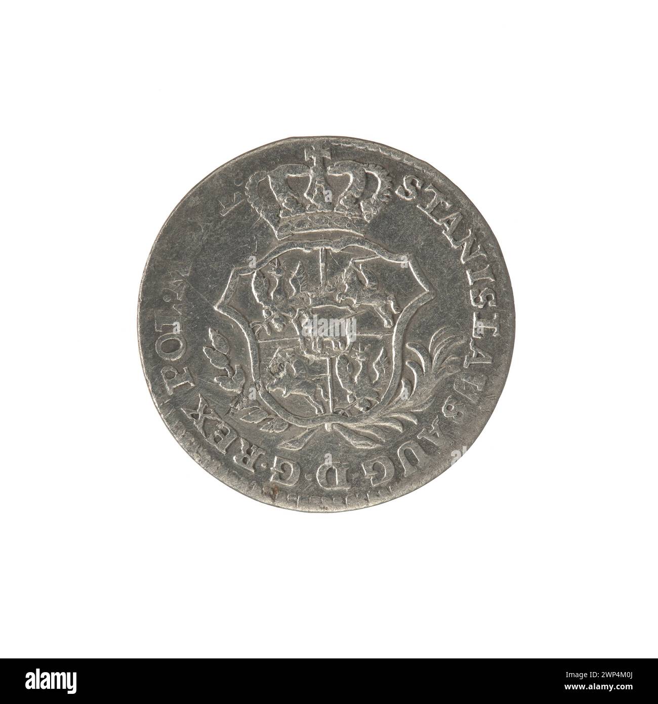 Diese polnische Münze aus dem Jahr 1767 zeigt ein gekröntes Wappen mit den Initialen „FS“ für den Münzmeister Fryderyk Wilhelm Sylm, der von 1765 bis 1767 aktiv war. Die Vorderseite trägt die Legende „STANISLAUS AUG D.G. REX POL. M.D.L.' zeigt König Stanisław August Poniatowskis Herrschaft an. Die Münze ist Silber mit einem Gewicht von etwa 3,71 Gramm und war Teil des ersten Zloty-Währungssystems. Stockfoto