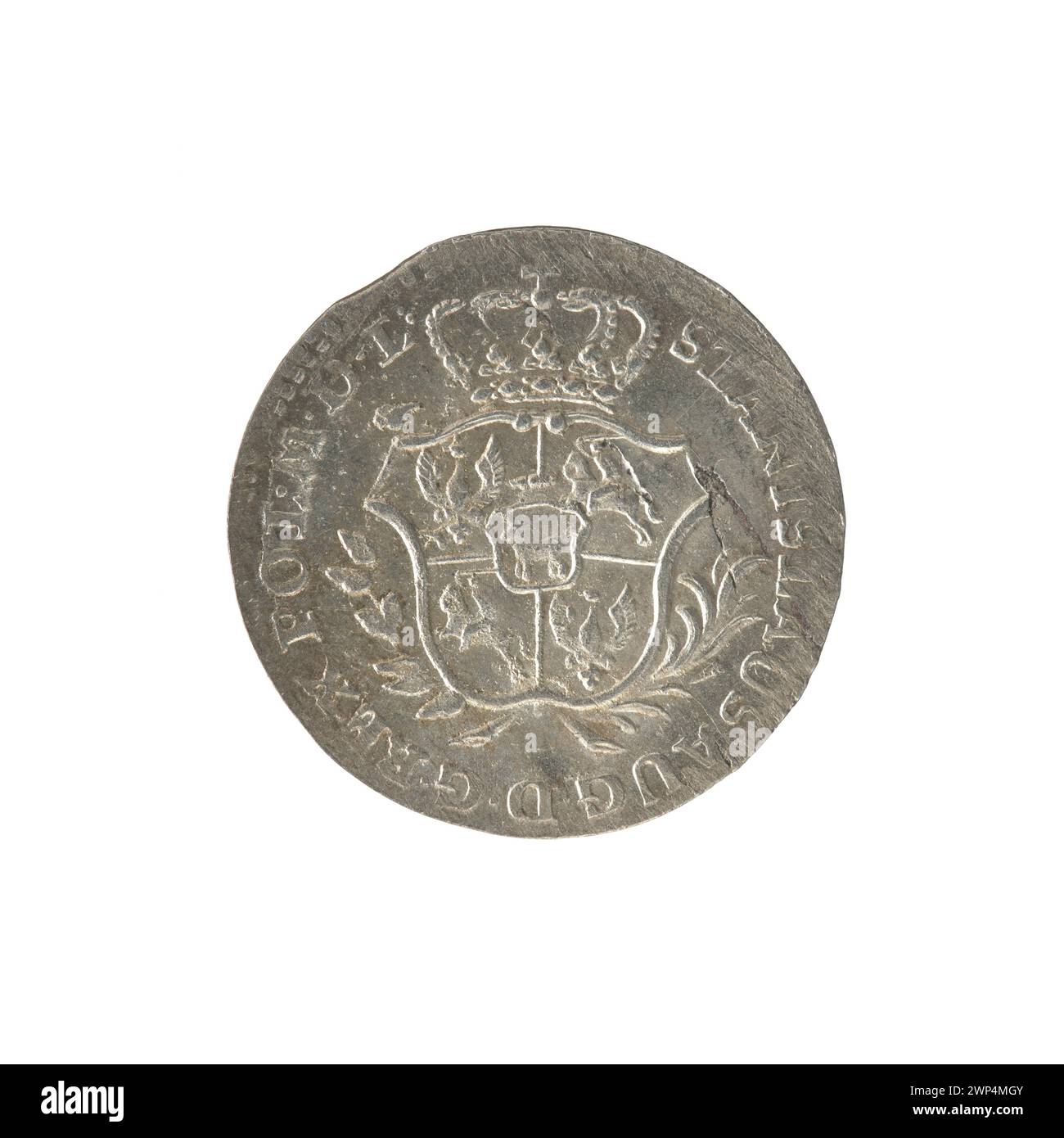 Diese polnische Münze aus dem Jahr 1767 zeigt ein gekröntes Wappen mit den Initialen „FS“ für den Münzmeister Fryderyk Wilhelm Sylm, der von 1765 bis 1767 aktiv war. Die Vorderseite trägt die Legende „STANISLAUS AUG D.G. REX POL. M.D.L.' zeigt König Stanisław August Poniatowskis Herrschaft an. Die Münze ist Silber mit einem Gewicht von etwa 3,71 Gramm und war Teil des ersten Zloty-Währungssystems. Stockfoto