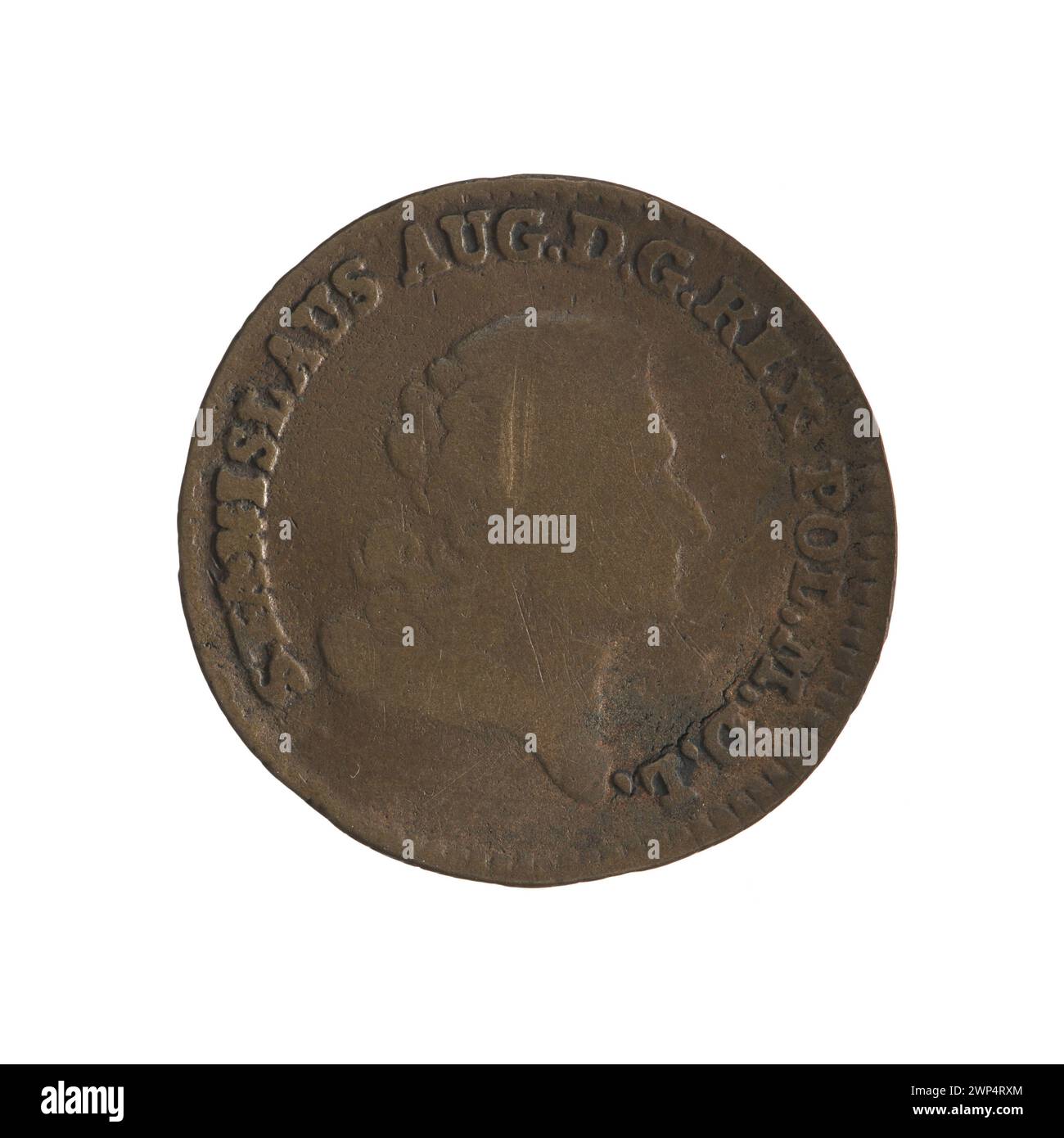 Dieses Kunstwerk, das Fryderyk Wilhelm Sylm zugeschrieben wurde, datiert von 1766 bis 1795, zeigt eine gefälschte Darstellung der Krönung von Stanisław August Poniatowski und hebt zeremonielle Kleidung und Insignien hervor. Stockfoto